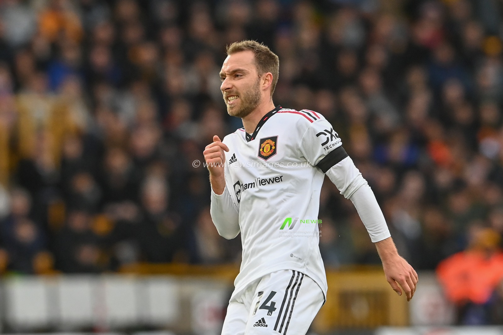 Christian Eriksen #14 of Manchester United reacts during the Premier League match Wolverhampton Wanderers vs Manchester United at Molineux, Wolverhampton, United Kingdom, 31st December 2022

(Photo by Craig Thomas/News Images)