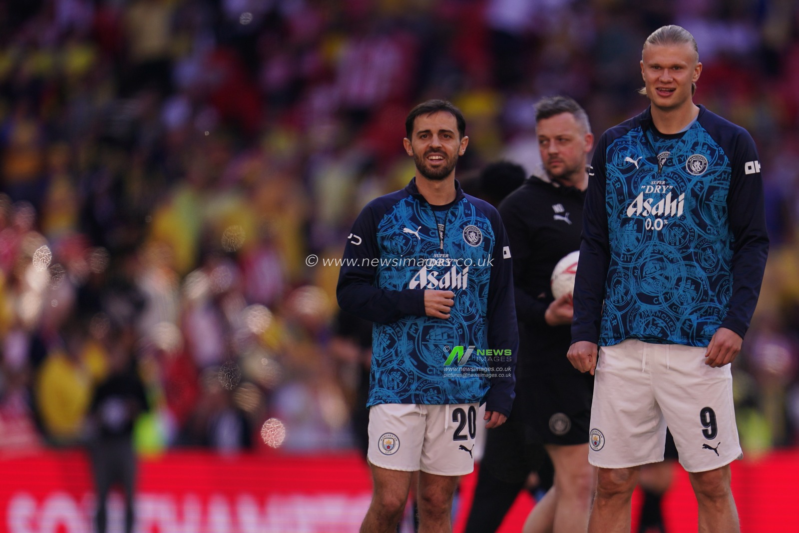 Bernardo Silva of Manchester City and Erling Haaland of Manchester City look on during warm up ahead of the Emirates FA Cup Semi-Final match Manchester City vs Southampton at Wembley Stadium, London, United Kingdom on 25 April 2026

(Photo by Harvey Murphy/News Images)