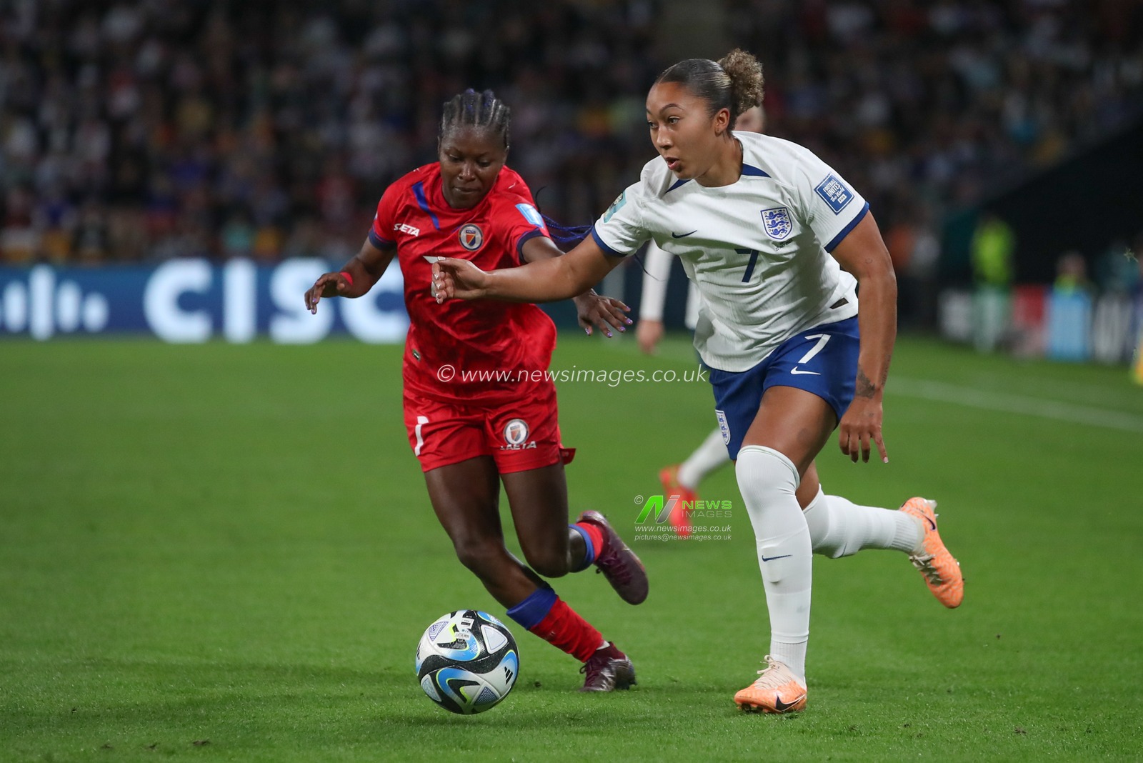 Lauren James #7 of England and Batcheba Louis #7 of Haiti battle for the ball during the FIFA Women's World Cup 2023 Group D England Women vs Haiti Women at Suncorp Stadium, Brisbane, Australia, 22nd July 2023

(Photo by Patrick Hoelscher/News Images)