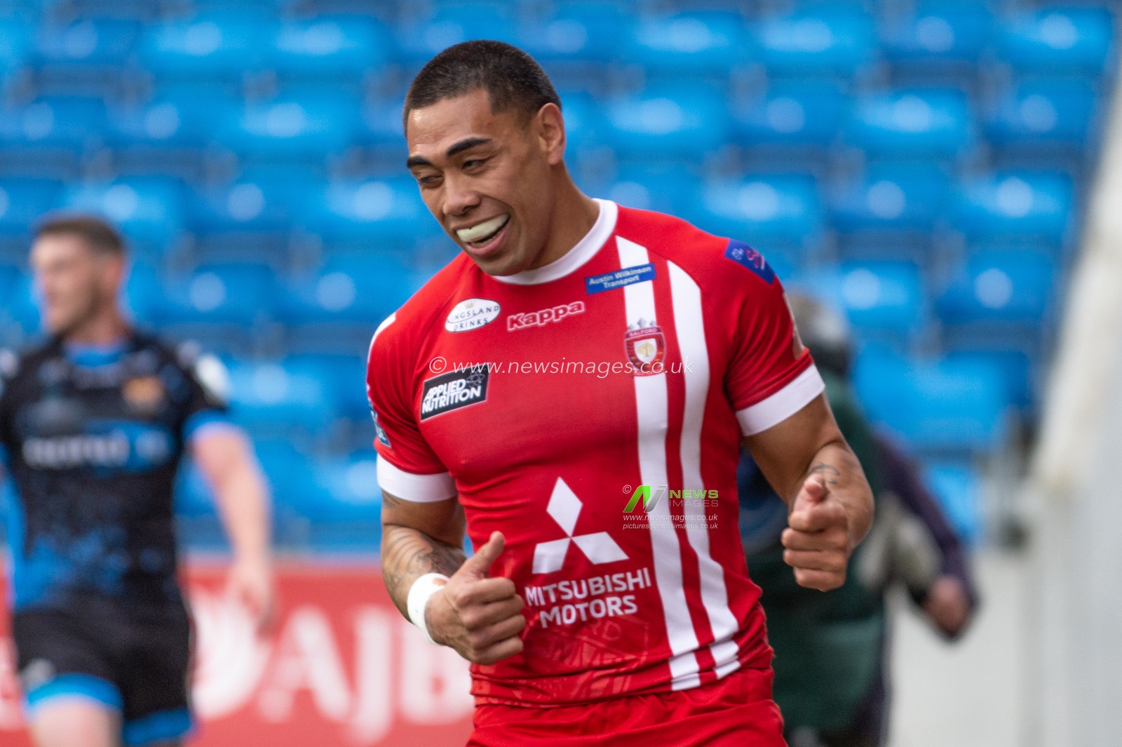 4th July 2019 ,  AJ Bell Stadium, Salford, England;  Betfred Super League, Round 21, Salford Red Devils vs Huddersfield Giants ; Ken Sio (23) of Salford Red Devils celebrates his try

Credit: Richard Long/News Images