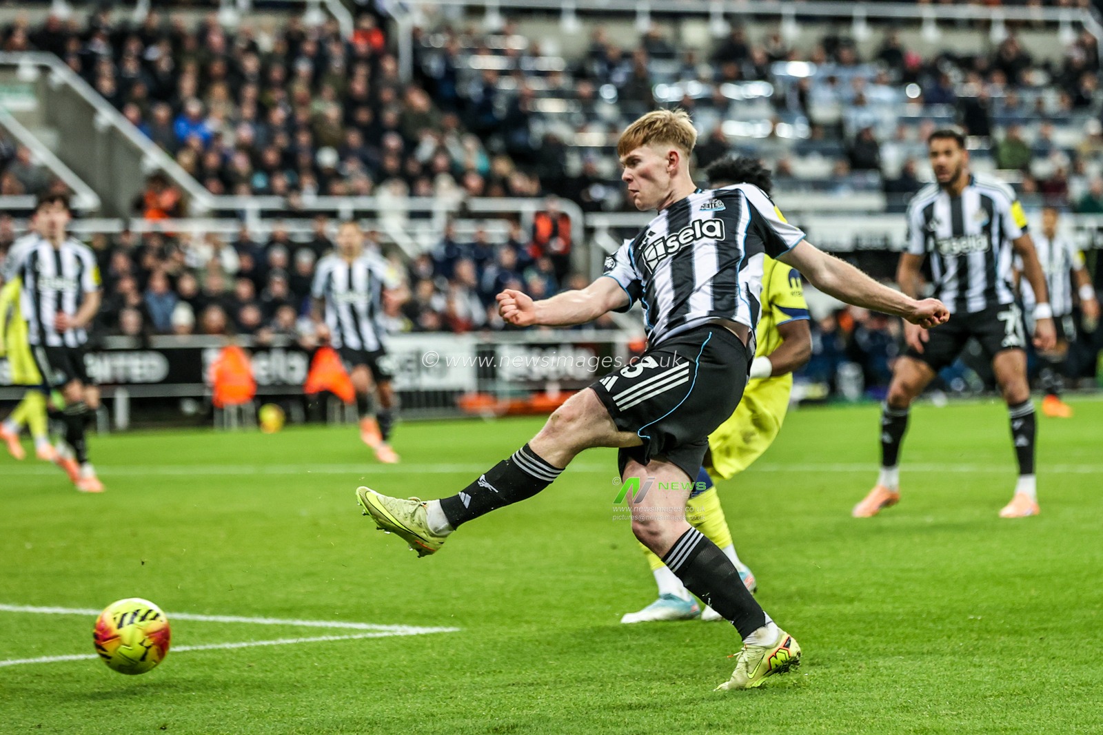 Lewis Hall of Newcastle United takes a shot on goal during the Premier League match Newcastle United vs Tottenham Hotspur at St. James's Park, Newcastle, United Kingdom, 2nd December 2025

(Photo by Alfie Cosgrove/News Images)

*** GER AUT SUI OUT ***
