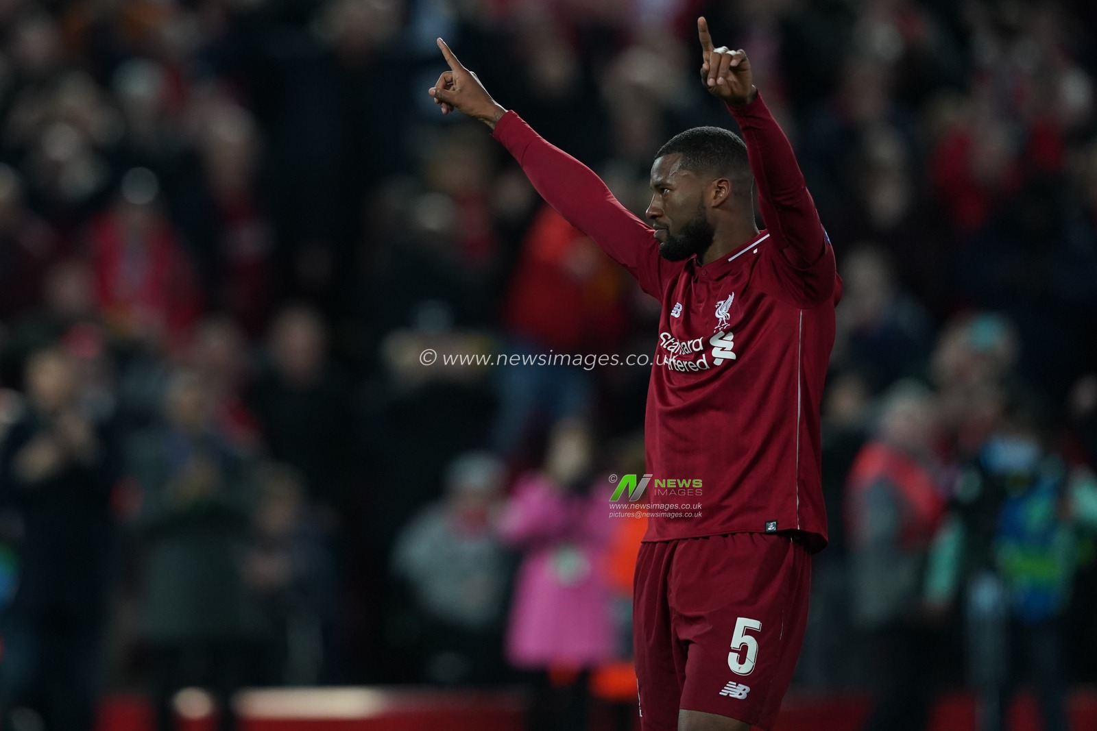 Liverpool's Georginio Wijnaldum gestures to the fans at the end of the match

7th Mayl 2019 , Anfield Stadium, Liverpool, England;  UEFA Champions League Semi Final, Second Leg, Liverpool FC vs FC Barcelona 

Credit: Terry Donnelly/News Images