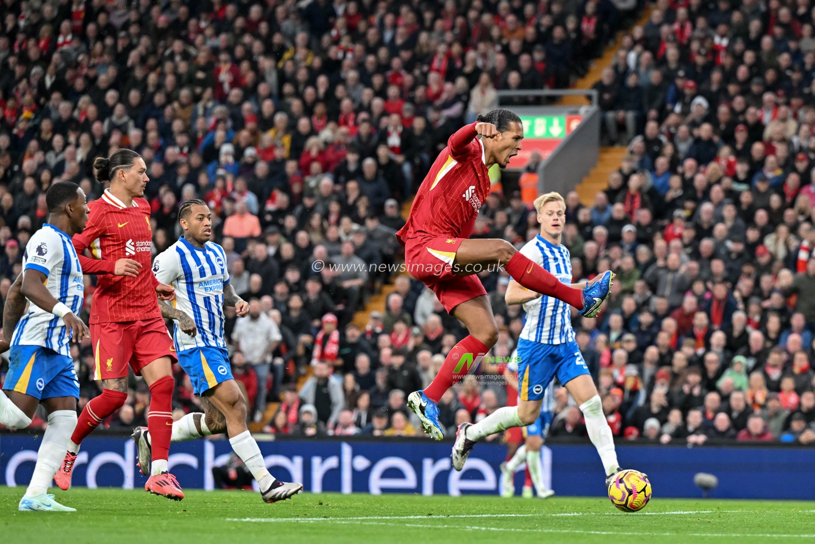 Virgil van Dijk of Liverpool misses a chance on goal during the Premier League match Liverpool vs Brighton and Hove Albion at Anfield, Liverpool, United Kingdom, 2nd November 2024

(Photo by Cody Froggatt/News Images)