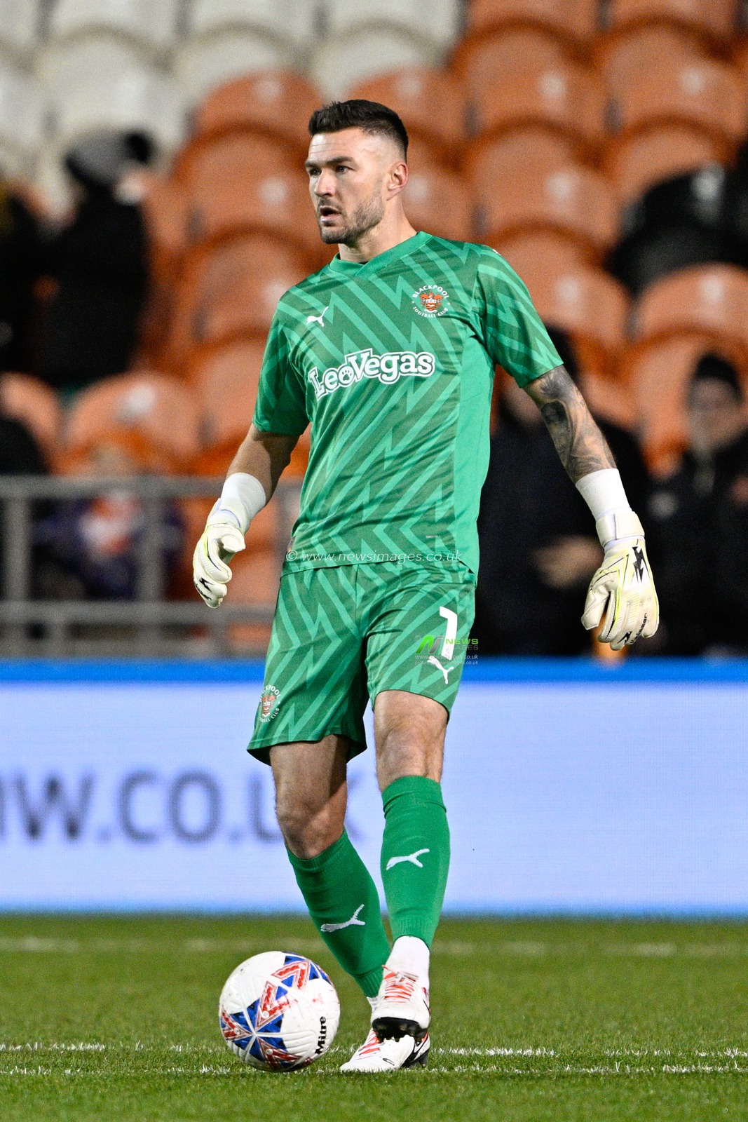 Richard O'Donnell #1 of Blackpool on the ball, during the Emirates FA Cup Second Round match Blackpool vs Forest Green Rovers at Bloomfield Road, Blackpool, United Kingdom, 19th December 2023

(Photo by Cody Froggatt/News Images)