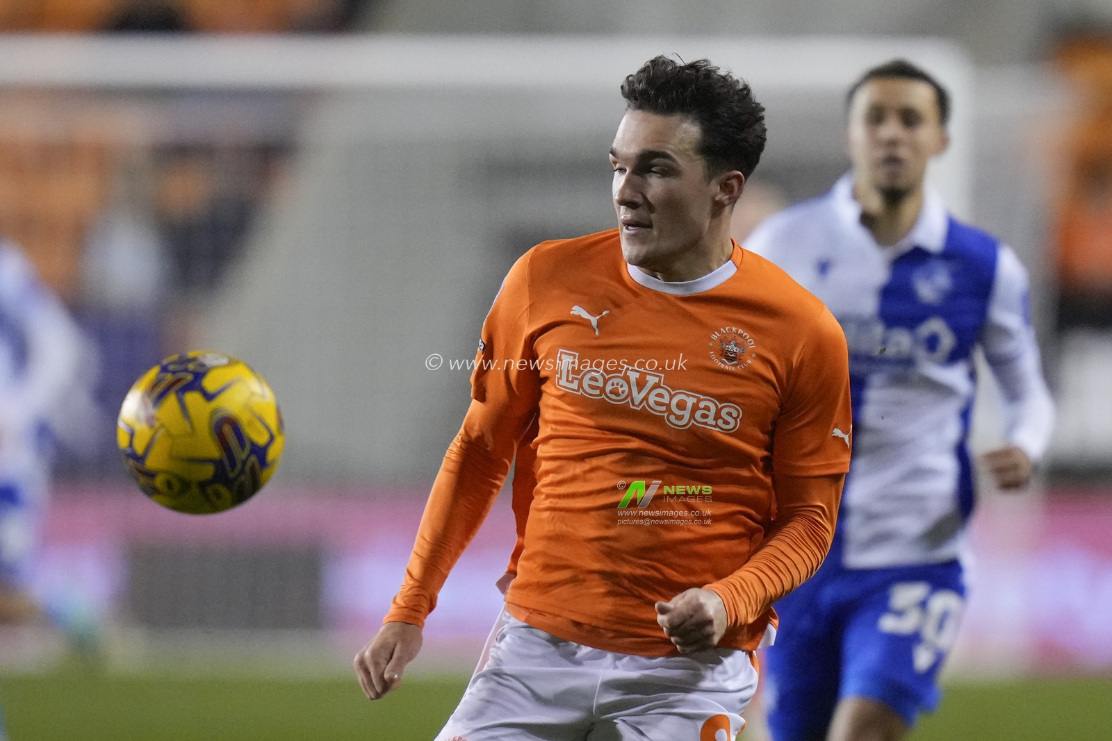 Kyle Joseph #9 of Blackpool chases a through ball during the Sky Bet League 1 match Blackpool vs Bristol Rovers at Bloomfield Road, Blackpool, United Kingdom, 23rd December 2023

(Photo by Steve Flynn/News Images)