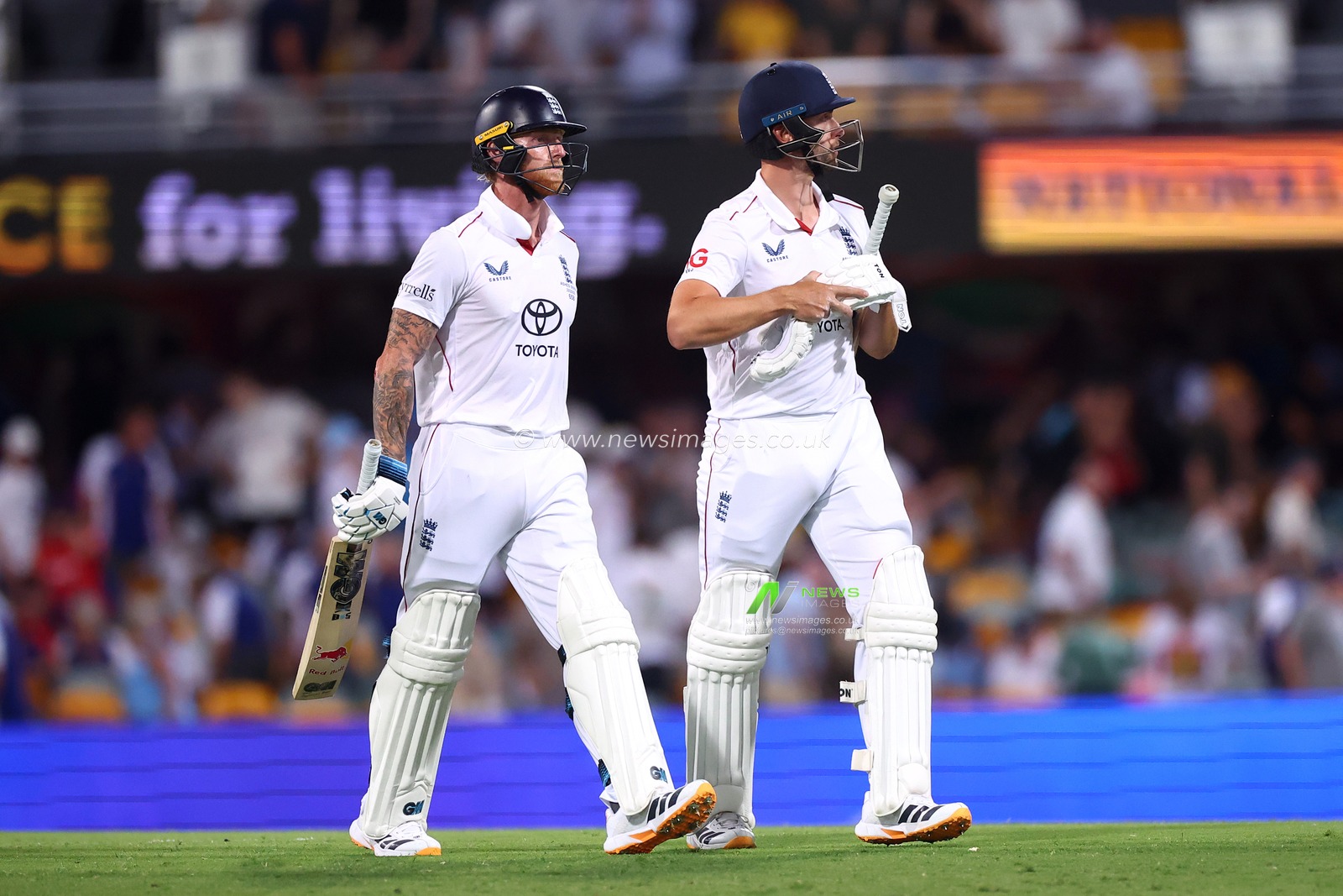 Ben Stokes of England  and Will Jacks of England exit the field at stumps during Day 3 of the Second Test in the NRMA Insurance Ashes Series Australia vs England at The Gabba, Brisbane Cricket Ground, Brisbane, Australia, 6th December 2025

(Photo by Patrick Hoelscher/News Images)

*** GER AUT SUI OUT ***
