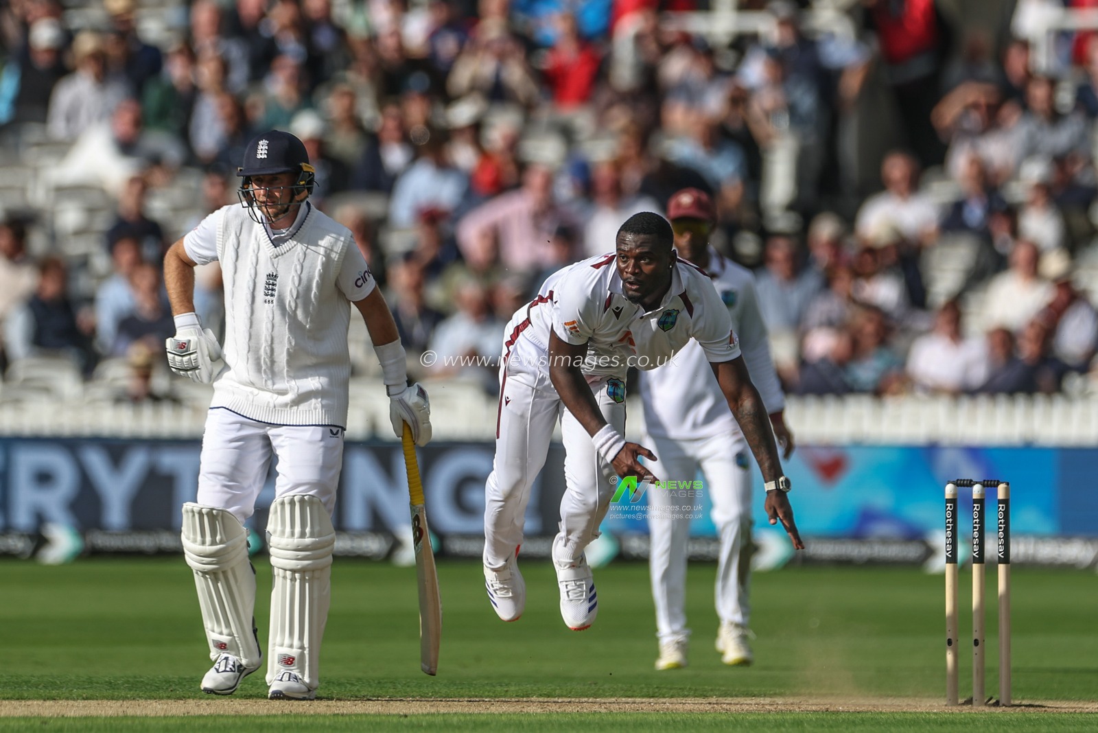 Jayden Seales of West Indies watches the ball hit the wicket of Zak Crawley of England during the 1st Rothesay Test Match day 1 England v West Indies at Lords, London, United Kingdom, 10th July 2024

(Photo by Mark Cosgrove/News Images)