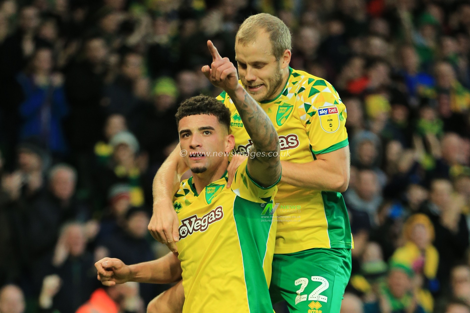 29th December 2018, Carrow Road, Norfolk, England; Sky Bet Championship, Norwich City vs Derby County ;  Ben Godfrey (04) of Norwich City celebrates opening the scoring at Carrow road to make it 1-0.


Credit: Georgie Kerr/News Images

English Football League images are subject to DataCo Licence
