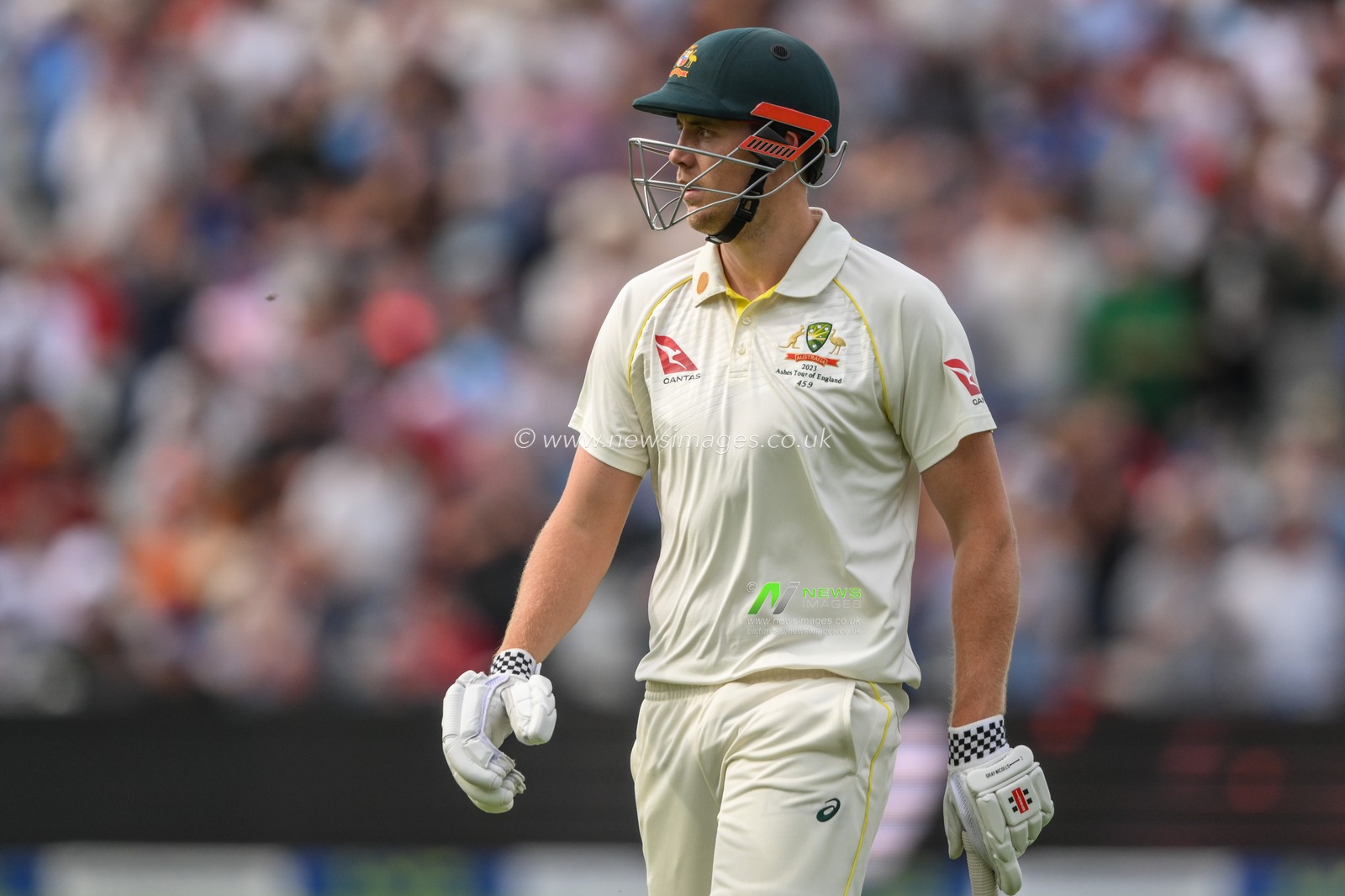 Cameron Green of Australia leaves the field after being bowled out by Ollie Robinson of England during the LV= Insurance Ashes First Test Series Day 5 England v Australia at Edgbaston, Birmingham, United Kingdom, 20th June 2023

(Photo by Craig Thomas/News Images)