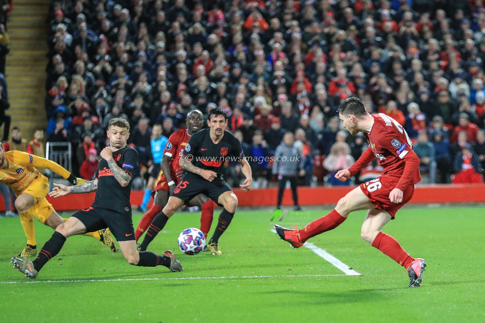 11th March 2020, Anfield, Liverpool, England; UEFA Champions League, Round of 16 Leg 2 of 2, Liverpool v Atletico Madrid : Andrew Robertson (26) of Liverpool shoots on goal