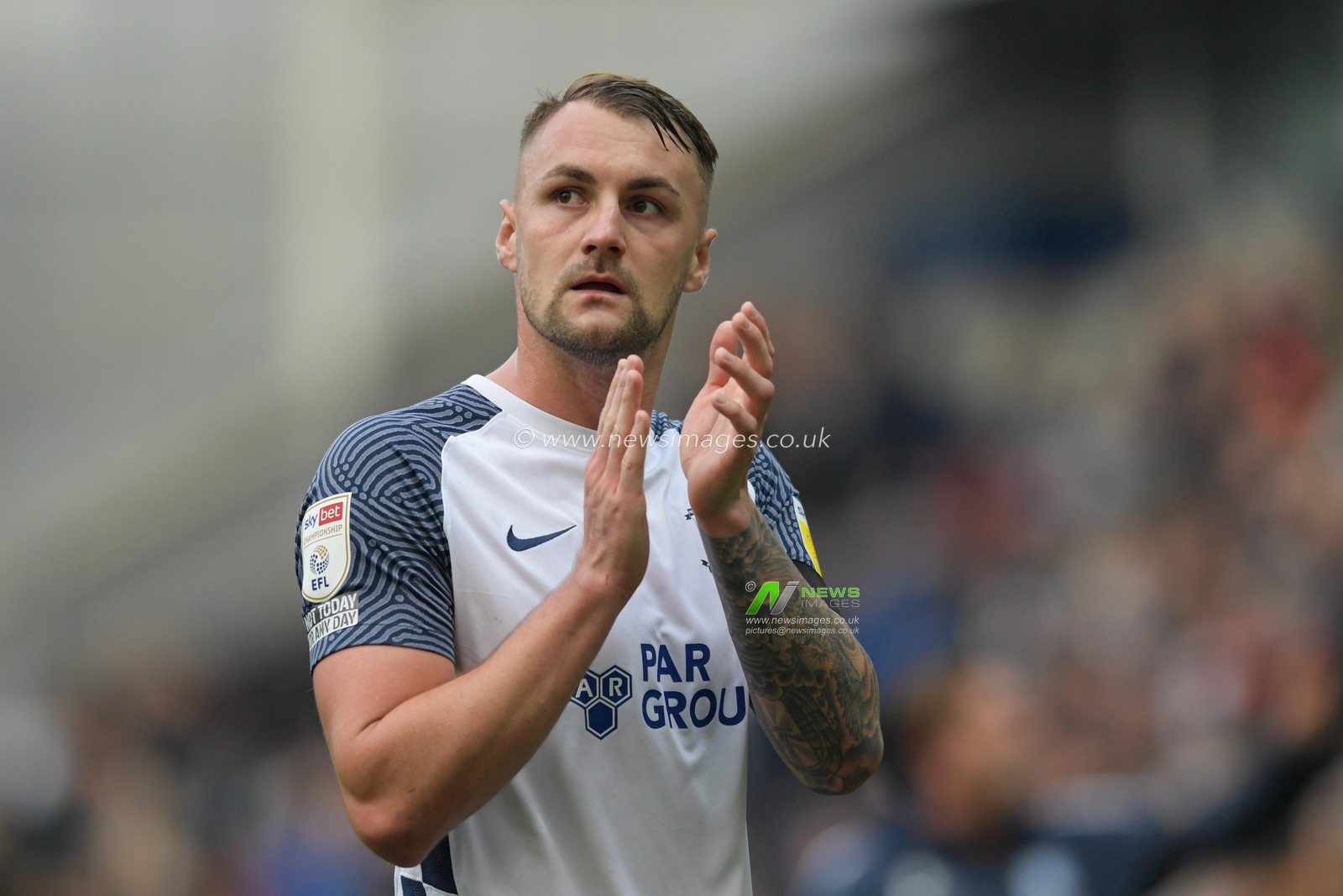 Patrick Bauer #5 of Preston North End applauds the home supporters at the end of the game after his side were held to a 0-0 draw with Derby County
