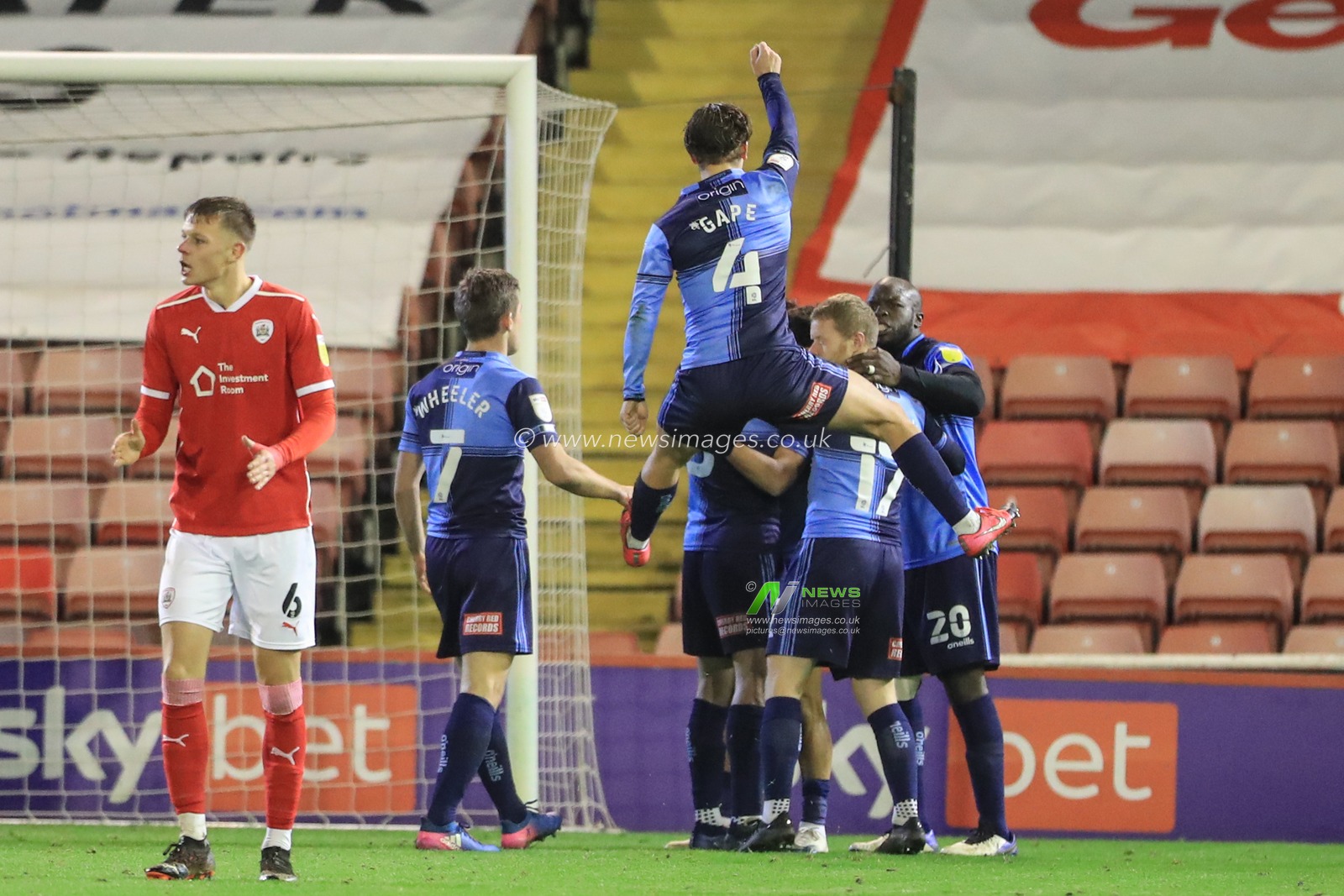 Celebration Joe Jacobson #3 of Wycombe Wanderers celebrates his goal to make it 1-1