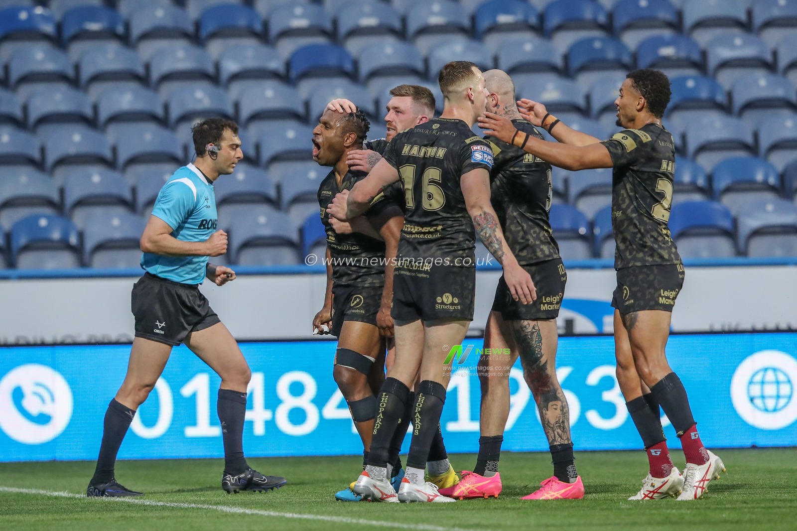 Edwin Ipape of Leigh Leopards celebrates his try during the Betfred Super League Round 12 match Huddersfield Giants vs Leigh Leopards at John Smith's Stadium, Huddersfield, United Kingdom, 24th May 2024

(Photo by Alfie Cosgrove/News Images)