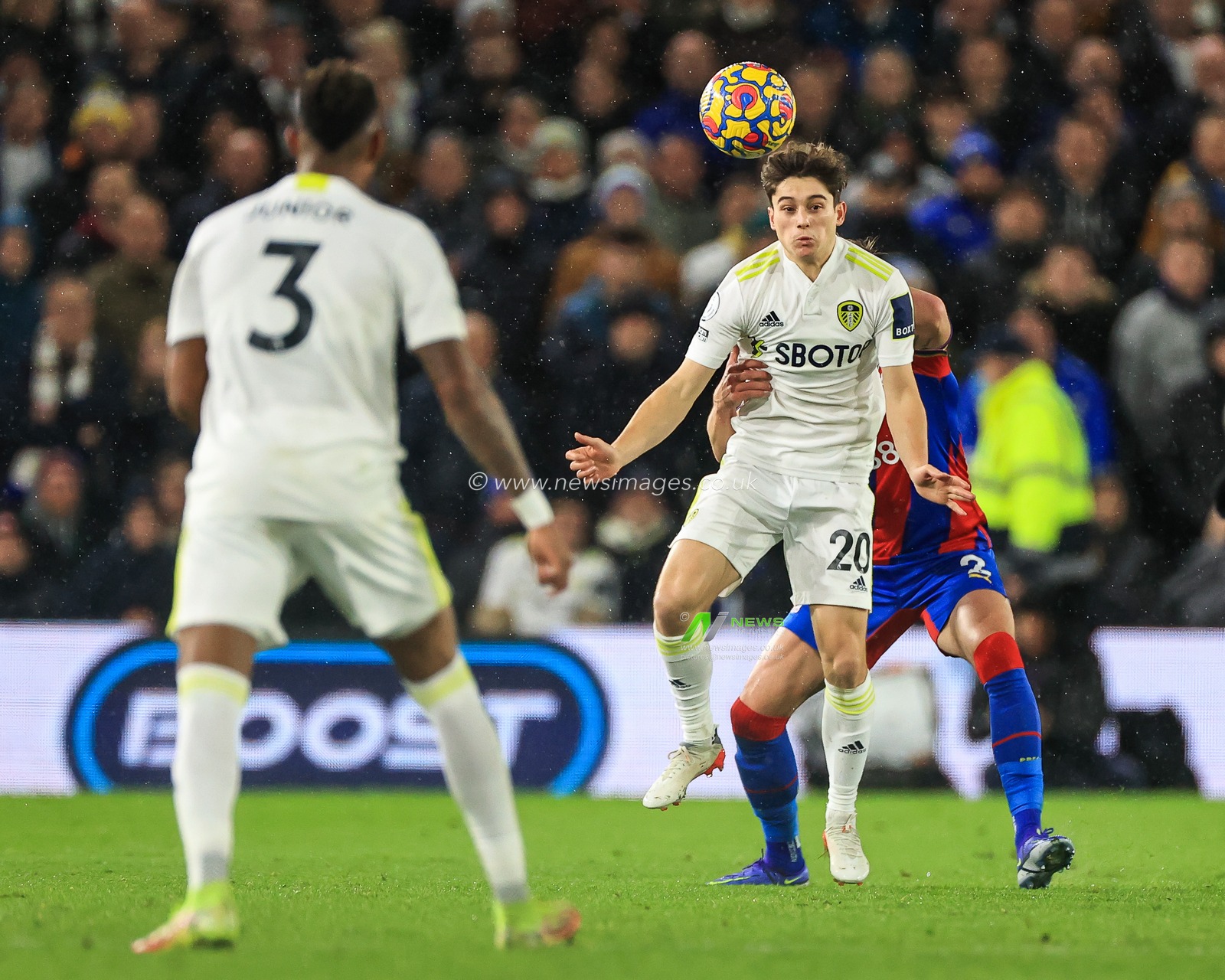 Daniel James #20 of Leeds United heads the ball down field