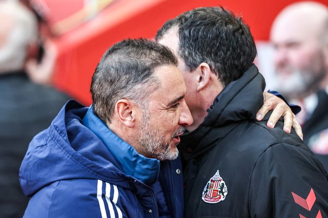 Vitor Pereira manager of Nottingham Forest and Regis Le Bris manager of Sunderland shake hands before the game during the Premier League match Sunderland vs Nottingham Forest at Stadium Of Light, Sunderland, United Kingdom on 24 April 2026

(Photo by Alfie Cosgrove/News Images)