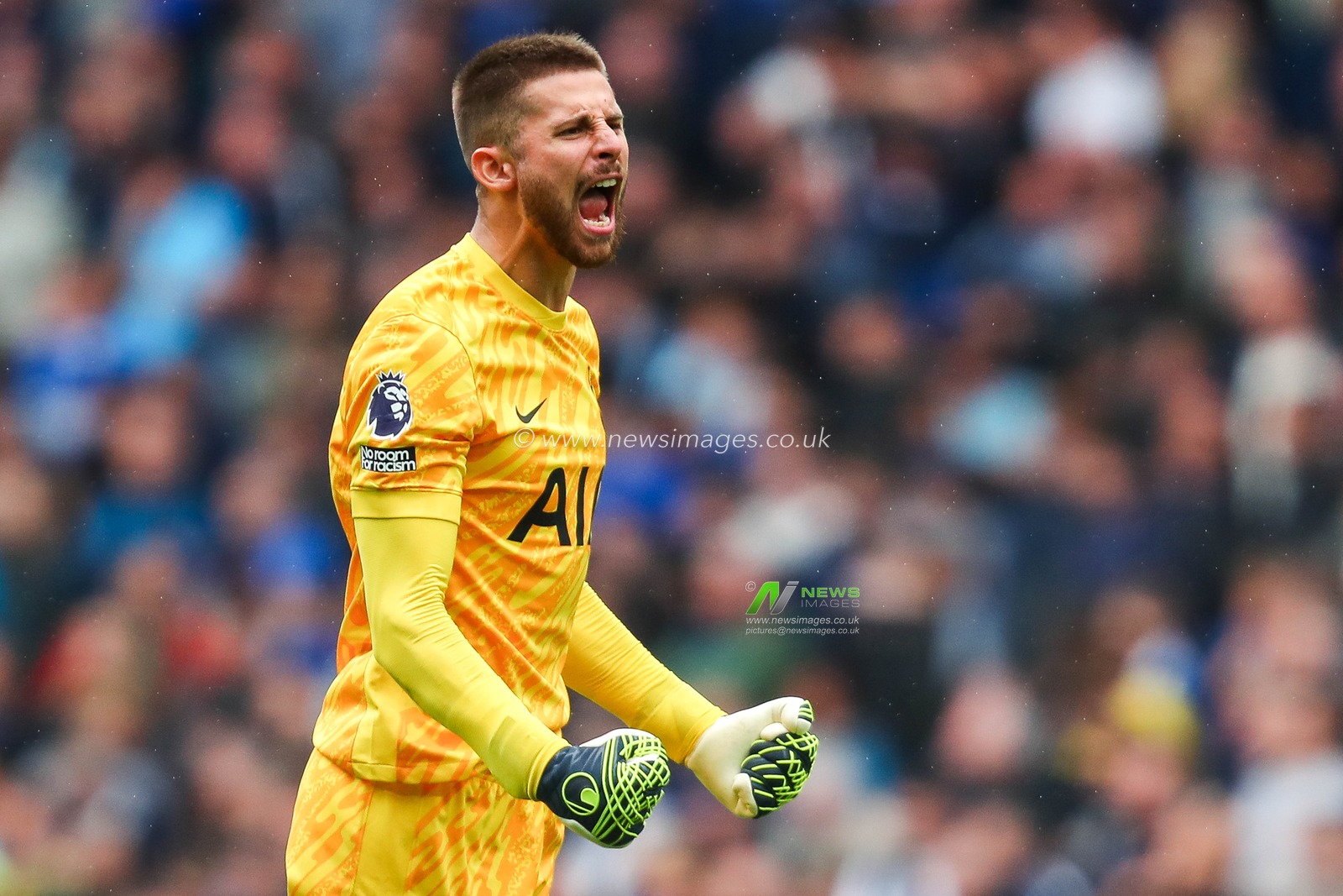 Guglielmo Vicario of Tottenham Hotspur celebrates the team's third goal during the Premier League match Tottenham Hotspur vs Everton at Tottenham Hotspur Stadium, London, United Kingdom, 24th August 2024

(Photo by Izzy Poles/News Images)