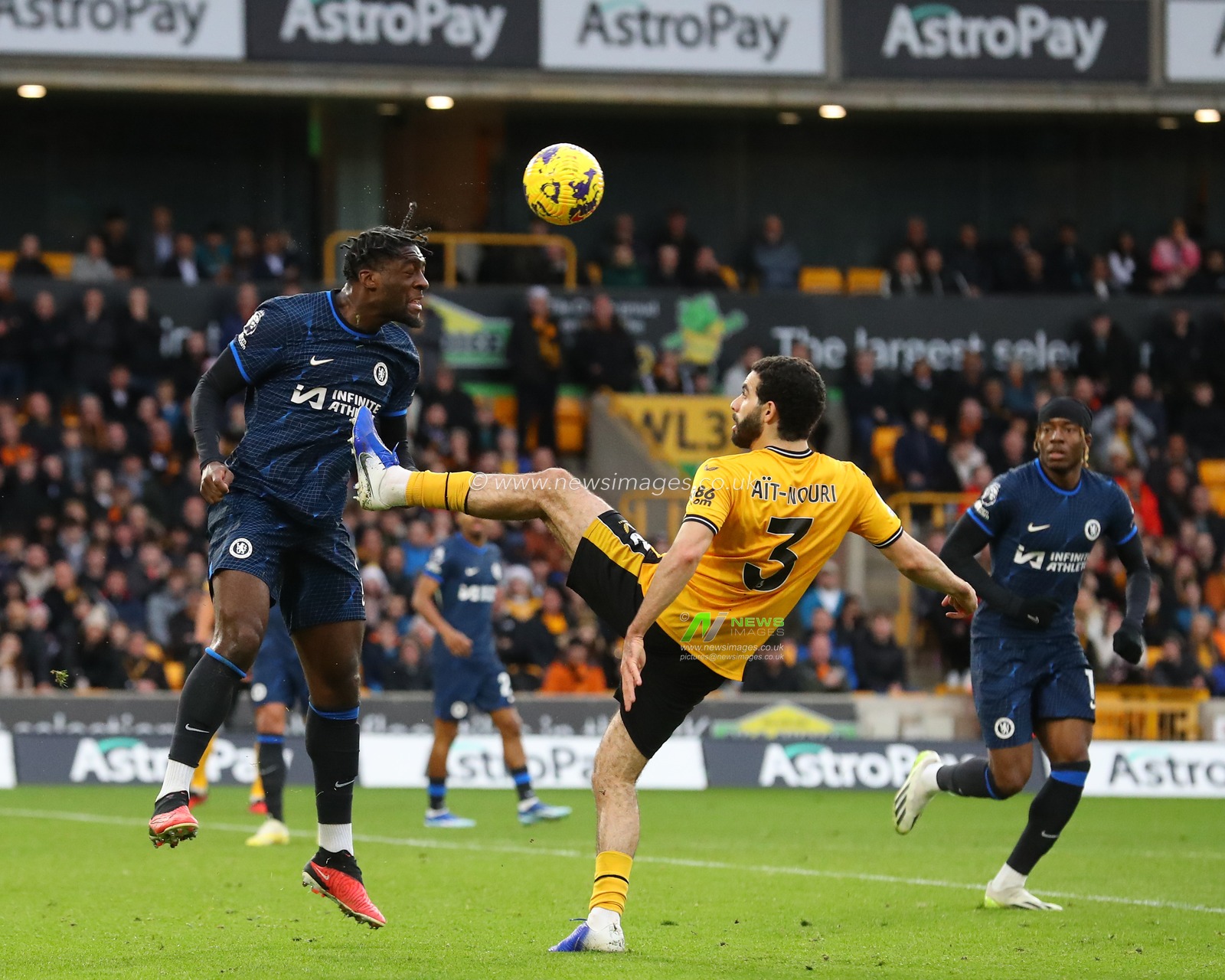 Axel Disasi of Chelsea heads the ball clear, during the Premier League match Wolverhampton Wanderers vs Chelsea at Molineux, Wolverhampton, United Kingdom, 24th December 2023

(Photo by Gareth Evans/News Images)