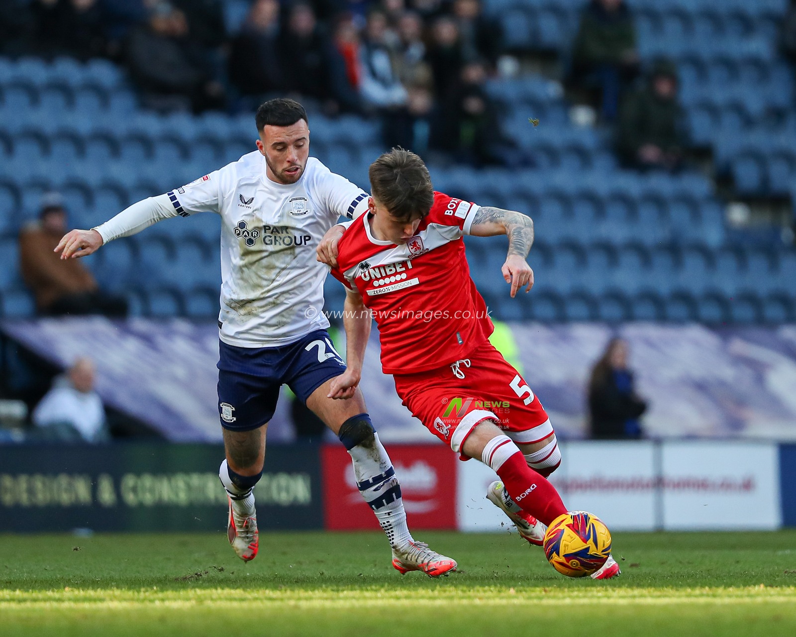 Ben Doak of Middlesbrough dribbling past Sam Greenwood of Preston North End during the Sky Bet Championship match Preston North End vs Middlesbrough at Deepdale, Preston, United Kingdom, 25th January 2025

(Photo by Jorge Horsted/News Images)