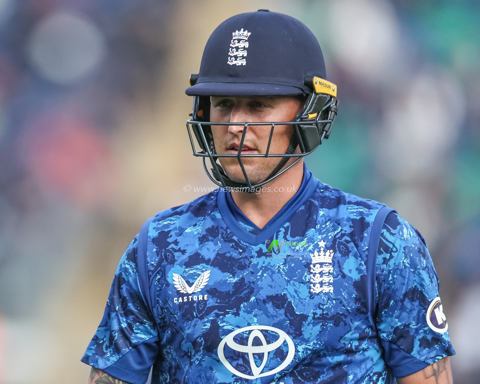 Brydon Carse of England leaves the field of play after been dismissed during the 2nd Metro Bank ODI England v West Indies at Sophia Gardens Cricket Ground, Cardiff, United Kingdom, 1st June 2025

(Photo by Mark Cosgrove/News Images)