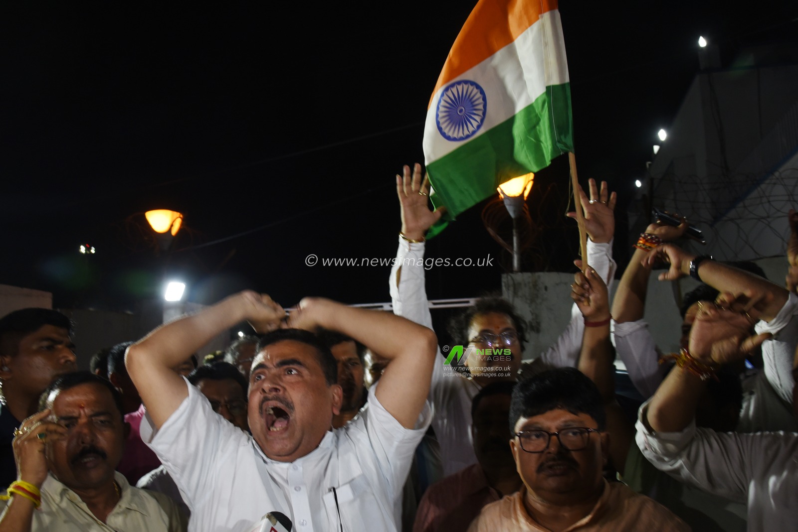 Suvendu Adhikari ,Opposition leader of West Bengal Legislative Assembly House with BJP MLA's Bhattacharyya  a protest against the attack on tourists in NSC Bose International Airport in Kolkata on April 23,2025,Photo by Debajyoti Chakraborty.(Photo: Debajyoti Chakraborty/News Images)