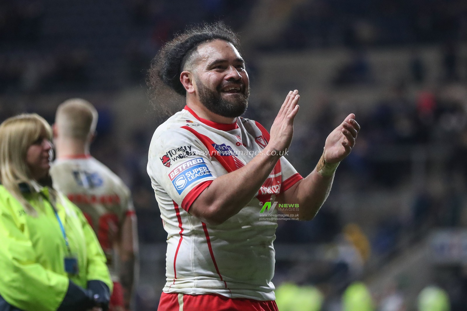 Konrad Hurrell of St. Helens celebrates after the game during the Betfred Super League Round 5 match Leeds Rhinos vs St Helens at Headingley Stadium, Leeds, United Kingdom, 15th March 2024

(Photo by Alfie Cosgrove/News Images)