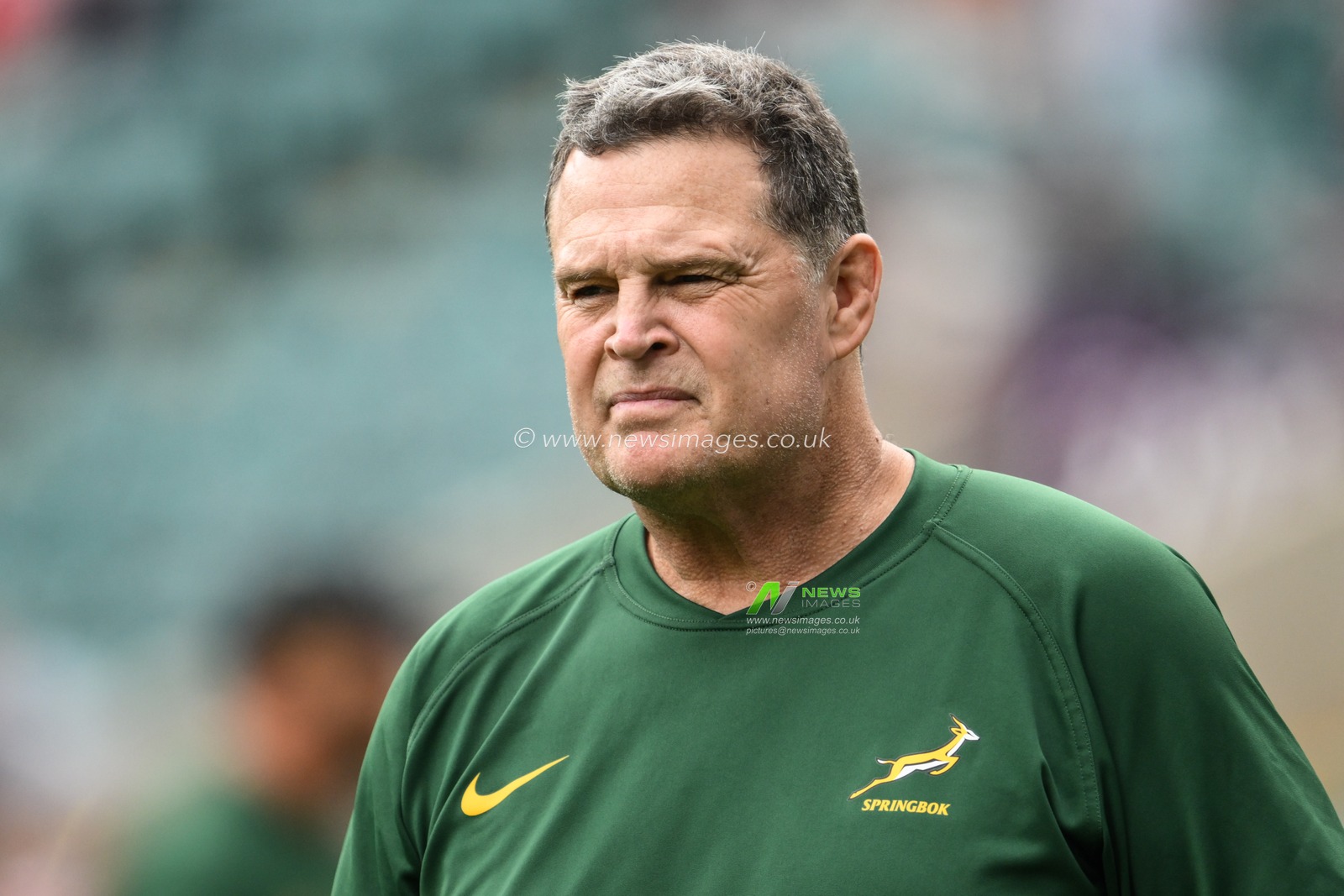 Rassie Erasmus Head Coach South Africa during the pre-game warm up ahead of the Qatar Airways Cup match South Africa vs Wales at Twickenham Stadium, Twickenham, United Kingdom, 22nd June 2024

(Photo by Craig Thomas/News Images)