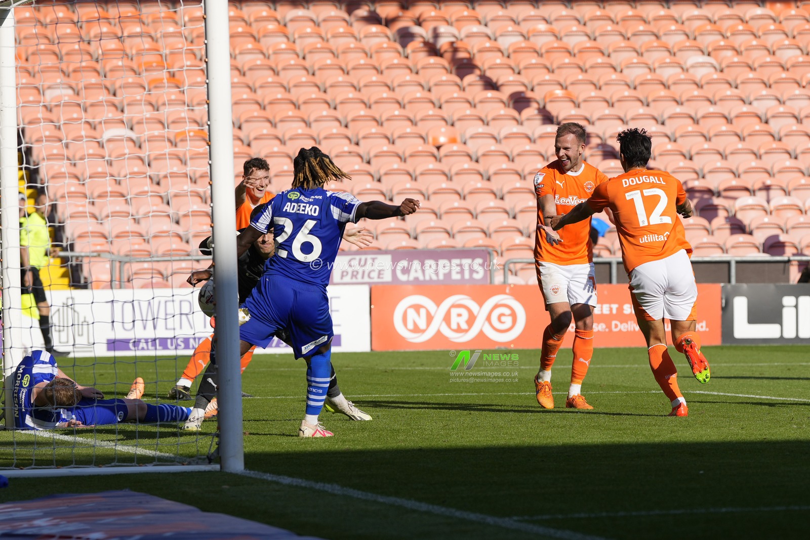 Kenny Dougall #12 of Blackpool celebrates scoring with Jordan Rhodes #16 of Blackpool during the Sky Bet League 1 match Blackpool vs Wigan Athletic at Bloomfield Road, Blackpool, United Kingdom, 2nd September 2023

(Photo by Steve Flynn/News Images)