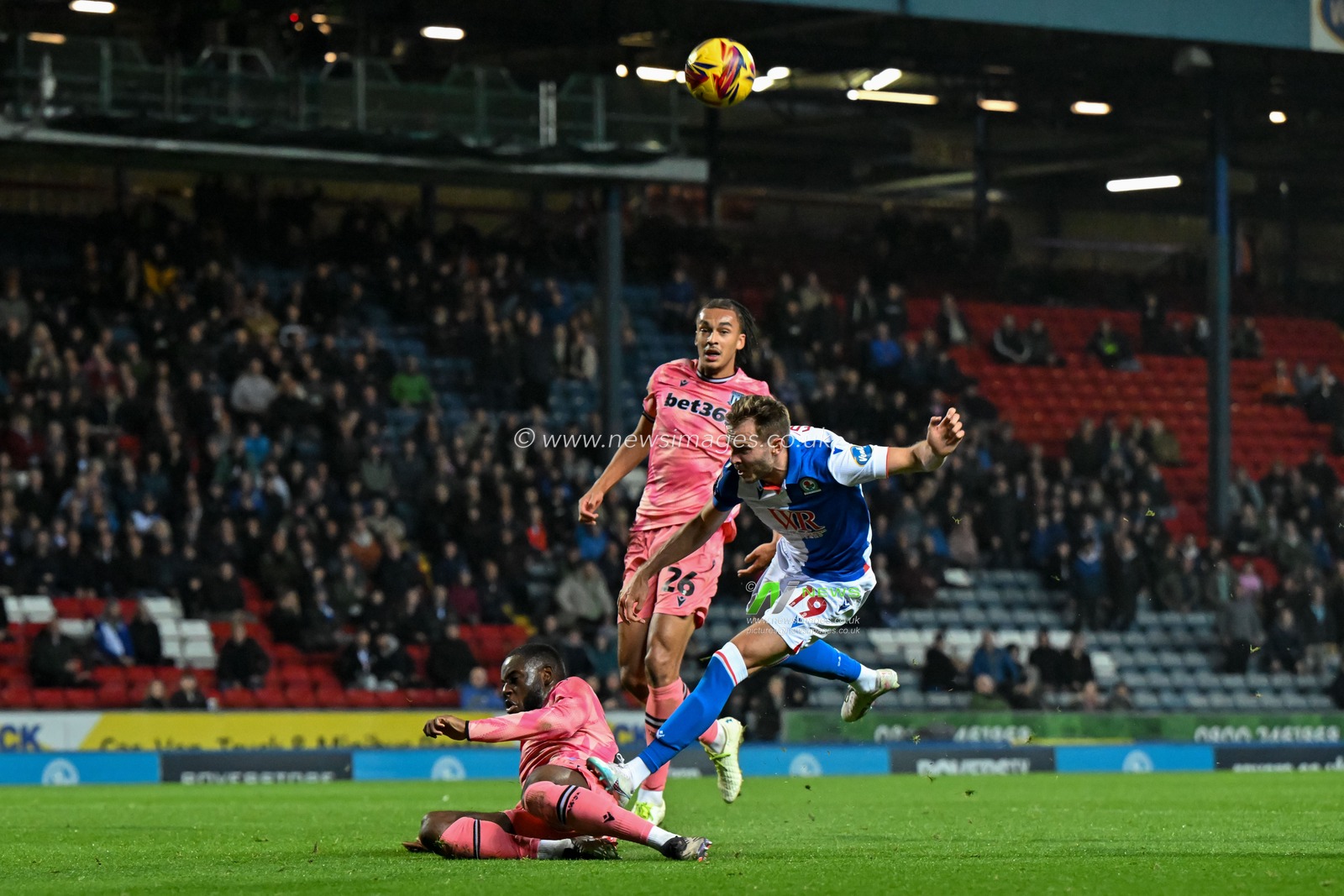 Ryan Hedges of Blackburn Rovers shot on goal blocked by Junior Tchamadeu of Stoke City during the Sky Bet Championship match Blackburn Rovers vs Stoke City at Ewood Park, Blackburn, United Kingdom, 6th November 2024

(Photo by Cody Froggatt/News Images)