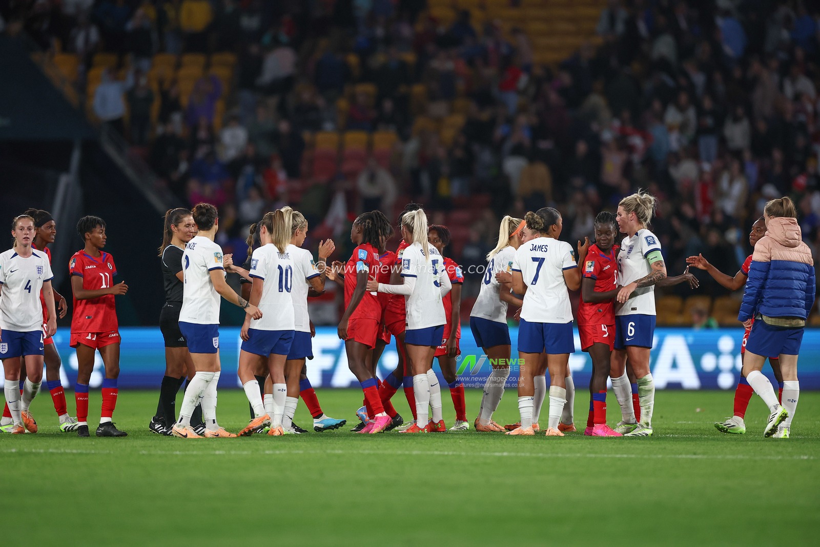 Both teams shake hands after England win 1-0 during the FIFA Women's World Cup 2023 Group D England Women vs Haiti Women at Suncorp Stadium, Brisbane, Australia, 22nd July 2023

(Photo by Patrick Hoelscher/News Images)
