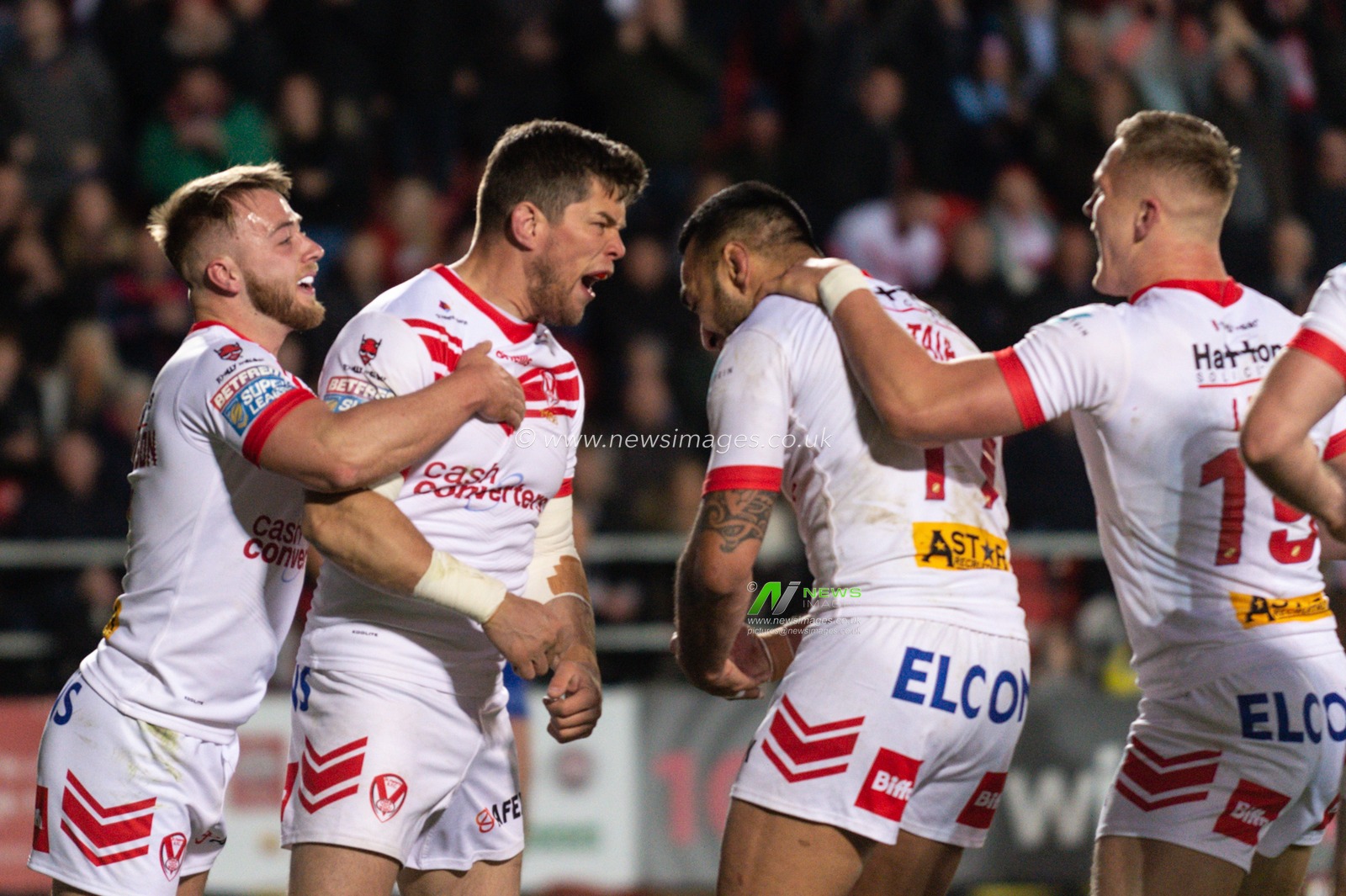 12th April 2019 , Totally Wicked Stadium, St Helens, England;  Betfred Super League, Round 10, St Helens vs Warrington Wolves,  Louie McCarthy-Scarsbrook of St Helens celebrates his try

Credit: Richard Long/News Images