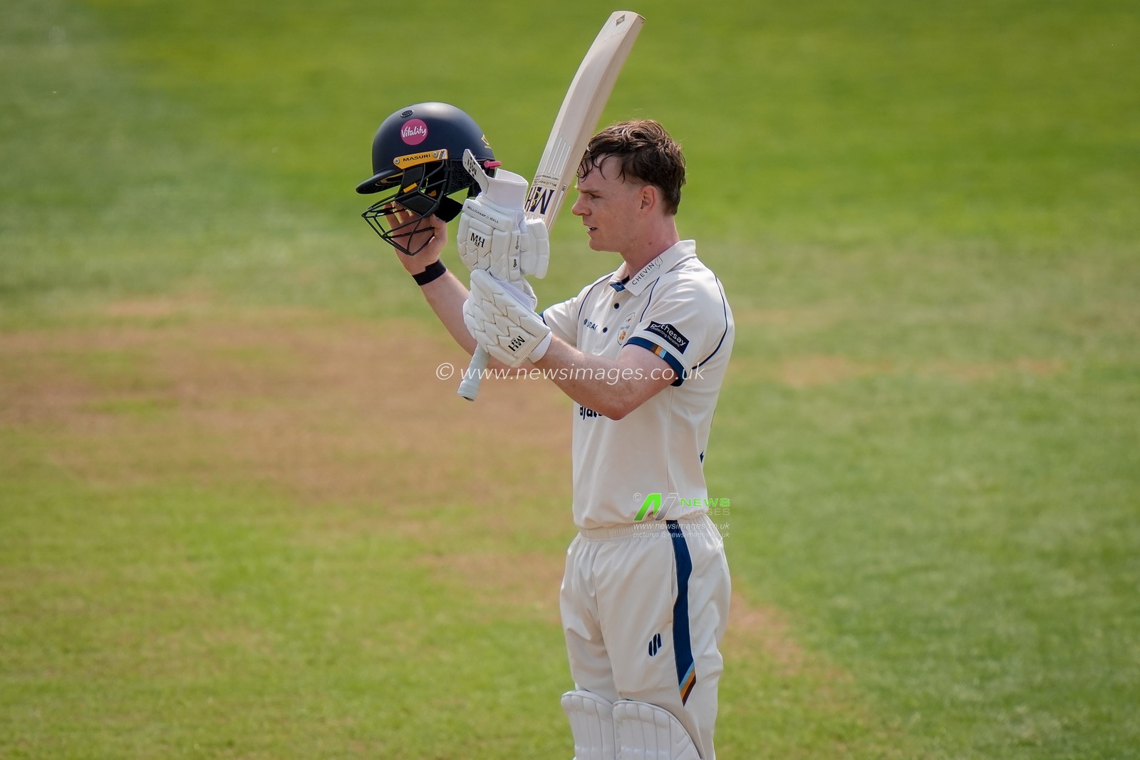 Brooke Guest of Derbyshire celebrates scoring his hundred during the County Championship Division Two Derbyshire vs Northamptonshire day two  match at The Central Co-Op County Ground, Derby, United Kingdom on 09 May 2026

(Photo by Maynard Manyowa/News Images)