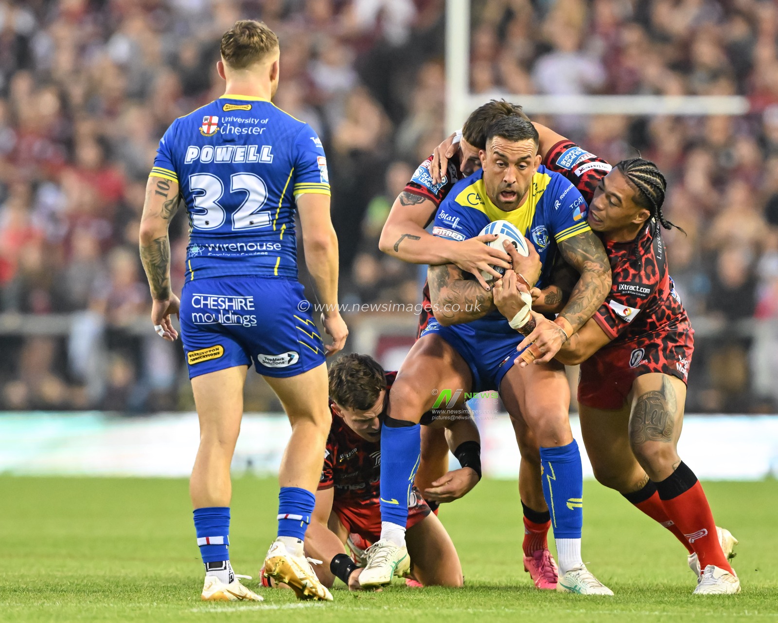 Paul Vaughan of Warrington Wolves gets tackled during the Betfred Super League Round 24 match Leigh Leopards vs Warrington Wolves at Leigh Sports Village, Leigh, United Kingdom, 30th August 2024

(Photo by Cody Froggatt/News Images)