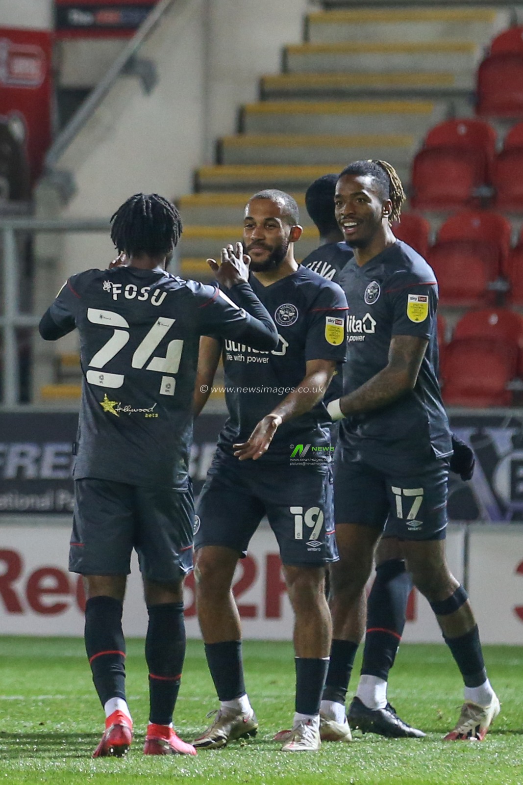Brentford players celebrate Marcus Forss #15 of Brentford goal to make it 0-1