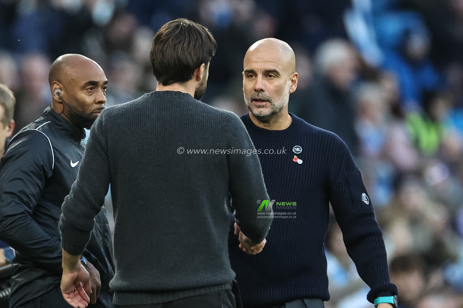 Pep Guardiola manager of Manchester City shakes hands with Russell Martin manager of Southampton after the final whistle during the Premier League match Manchester City vs Southampton at Etihad Stadium, Manchester, United Kingdom, 26th October 2024

(Photo by Mark Cosgrove/News Images)