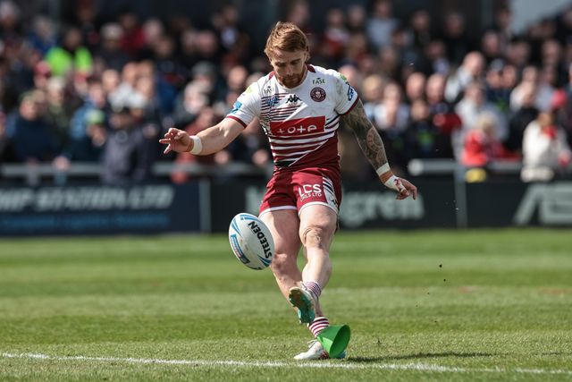 Adam Keighran of Wigan Warriors converts for a goal during the Betfred Challenge Cup Quarter Final match Wakefield Trinity vs Wigan Warriors at DIY Kitchens Stadium, Wakefield, United Kingdom on 12 April 2026

(Photo by Mark Cosgrove/News Images)