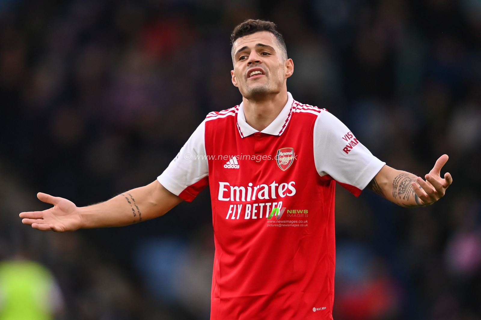 Granit Xhaka #34 of Arsenal reacts to a decision during the Premier League match Leicester City vs Arsenal at King Power Stadium, Leicester, United Kingdom, 25th February 2023

(Photo by Craig Thomas/News Images)