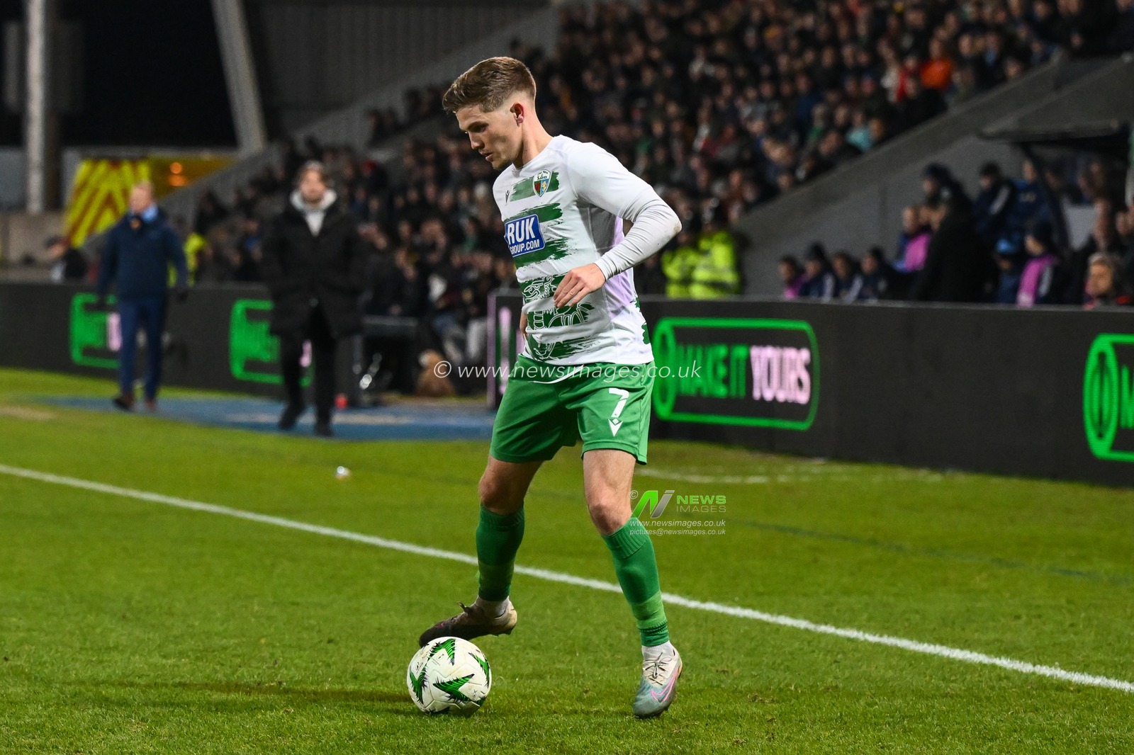 Josh Daniels of The New Saints F.C. makes a break with the ball  during the UEFA Conference League - League Stage match The New Saints vs DjurgÃ¥rden at Croud Meadow, Shrewsbury, United Kingdom, 28th November 2024

(Photo by Craig Thomas/News Images)