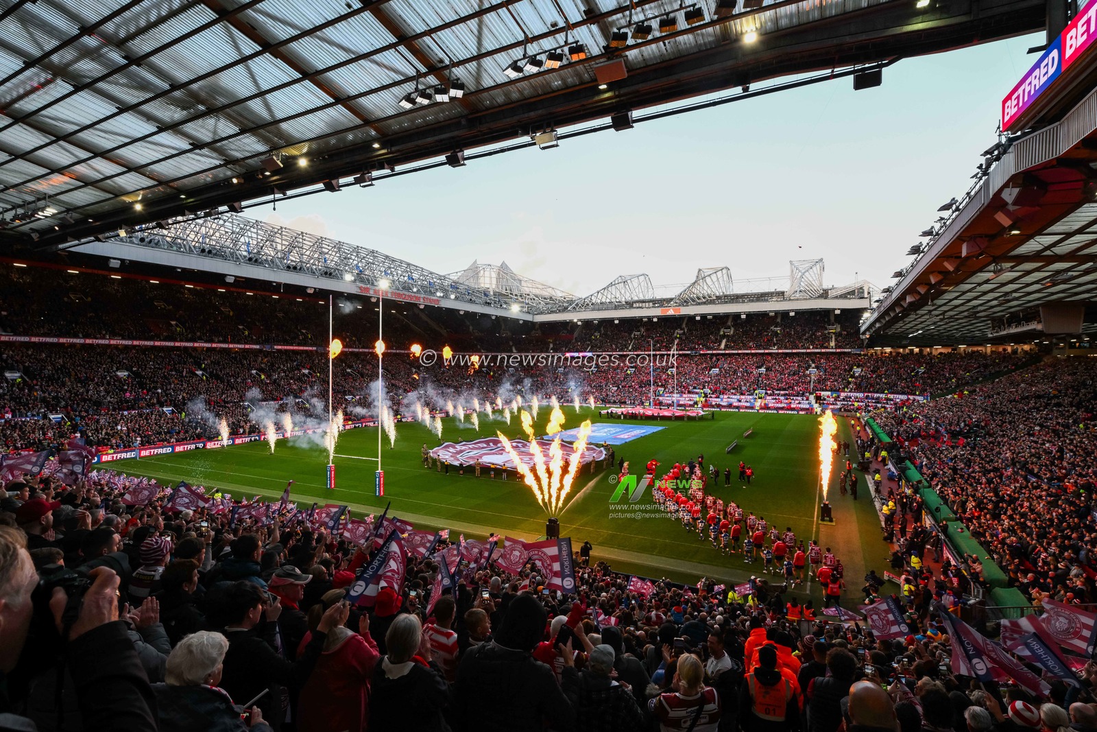 Wigan Warriors and Hull KR enter the field prior to the Betfred Super League Grand Final match Wigan Warriors vs Hull KR at Old Trafford, Manchester, United Kingdom, 12th October 2024

(Photo by Craig Thomas/News Images)