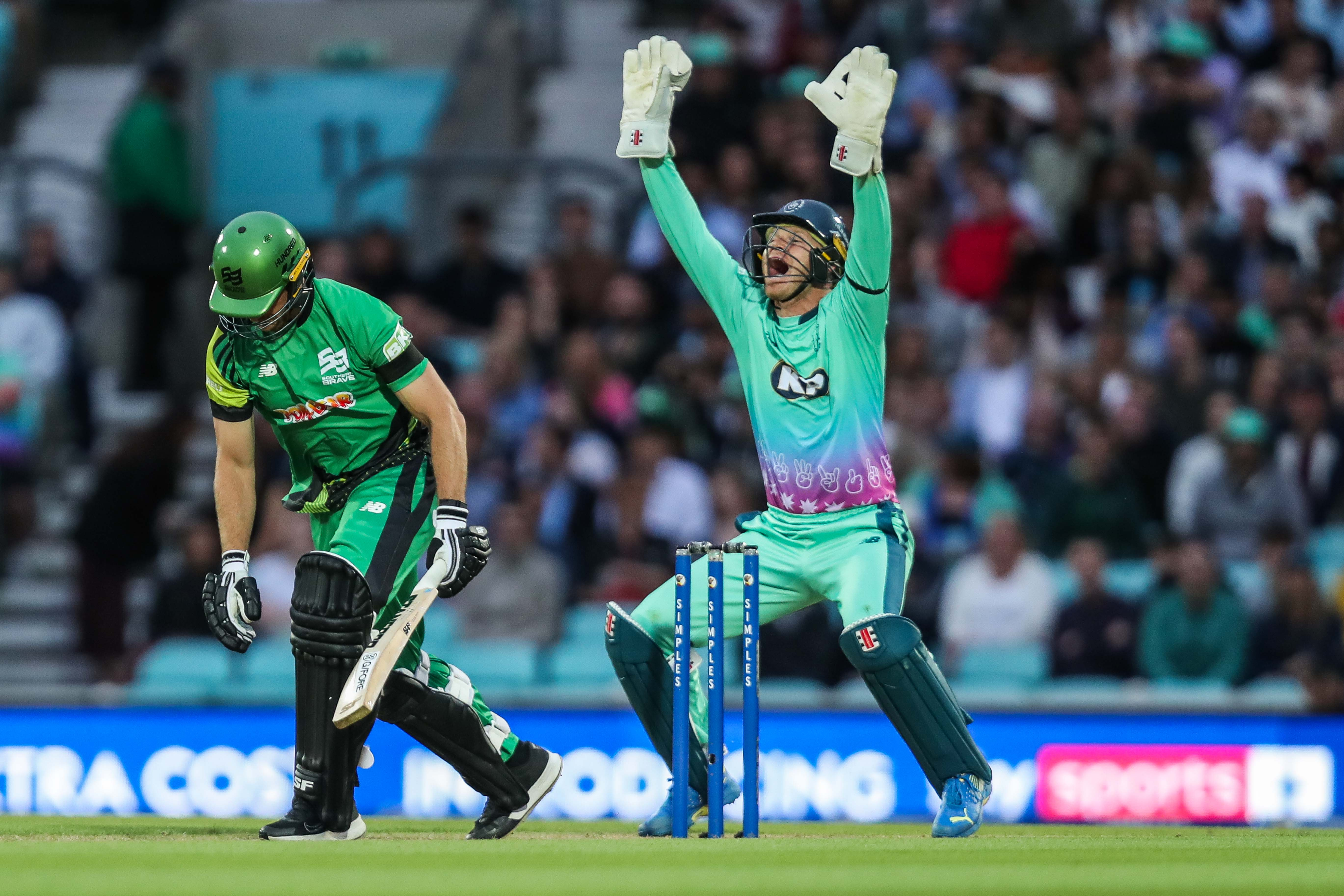 Sam Billings of Oval Invincibles appeals for a wicket during the The Hundred match Oval Invincibles vs Southern Brave at The Kia Oval, London, United Kingdom, 8th August 2024  (Photo by Izzy Poles/News Images)