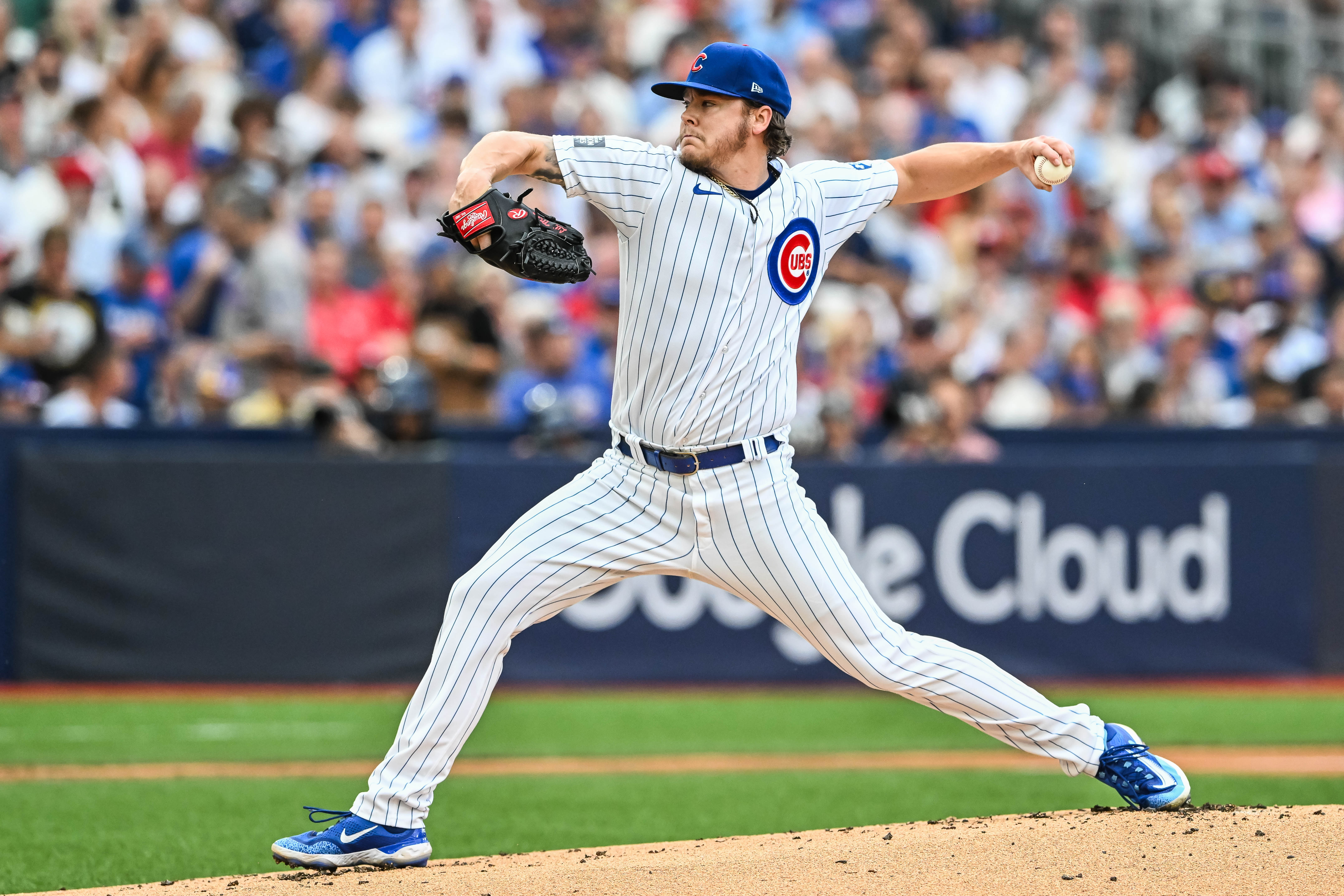 Justin Steele #35 of the Chicago Cubs pitches during the 2023 MLB London Series match St. Louis Cardinals vs Chicago Cubs at London Stadium, London, United Kingdom, 24th June 2023  (Photo by Craig Thomas/News Images)