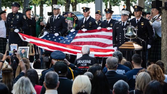 First responders present the American flag at the 9/11 remembrance ceremony in Lower Manhattan in New York, New York, on Sept. 11, 2024.  (Photo by Gabriele Holtermann/Sipa USA/News Images)