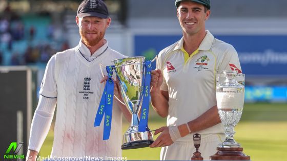 Ben Stokes of England and Pat Cummings of Australia series draw trophy lift during the LV= Insurance Ashes Fifth Test Series Day Five England v Australia at The Kia Oval, London, United Kingdom, 31st July 2023  (Photo by Mark Cosgrove/News Images)