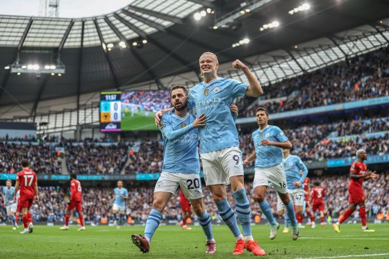 Erling Haaland  of Manchester City celebrates his goal to make it 1-0 during the Premier League match Manchester City vs Wolverhampton Wanderers at Etihad Stadium, Manchester, United Kingdom, 4th May 2024  (Photo by Mark Cosgrove/News Images)