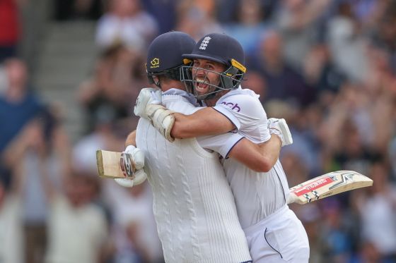 Chris Woakes of England and Mark Wood of England celebrate the win during the LV= Insurance Ashes Third Test Series Day 4