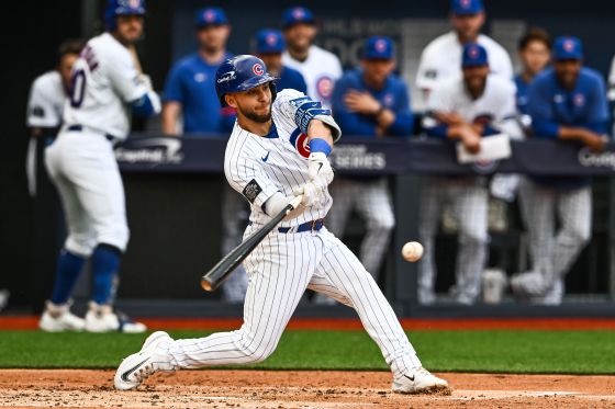 Nick Madrigal #1 of the Chicago Cubs at bat during the 2023 MLB London Series match St. Louis Cardinals vs Chicago Cubs