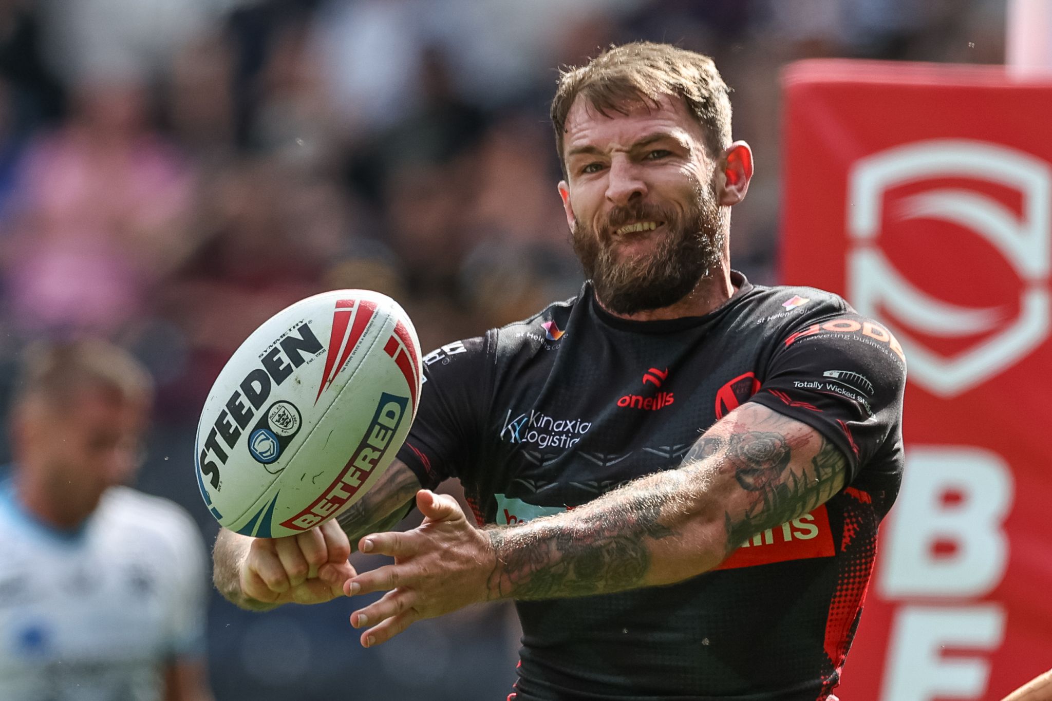 Daryl Clark of St. Helens celebrates their try during the Betfred Super League Round 20 match Hull FC vs St Helens at MKM Stadium, Hull, United Kingdom, 3rd August 2024  (Photo by Mark Cosgrove/News Images)