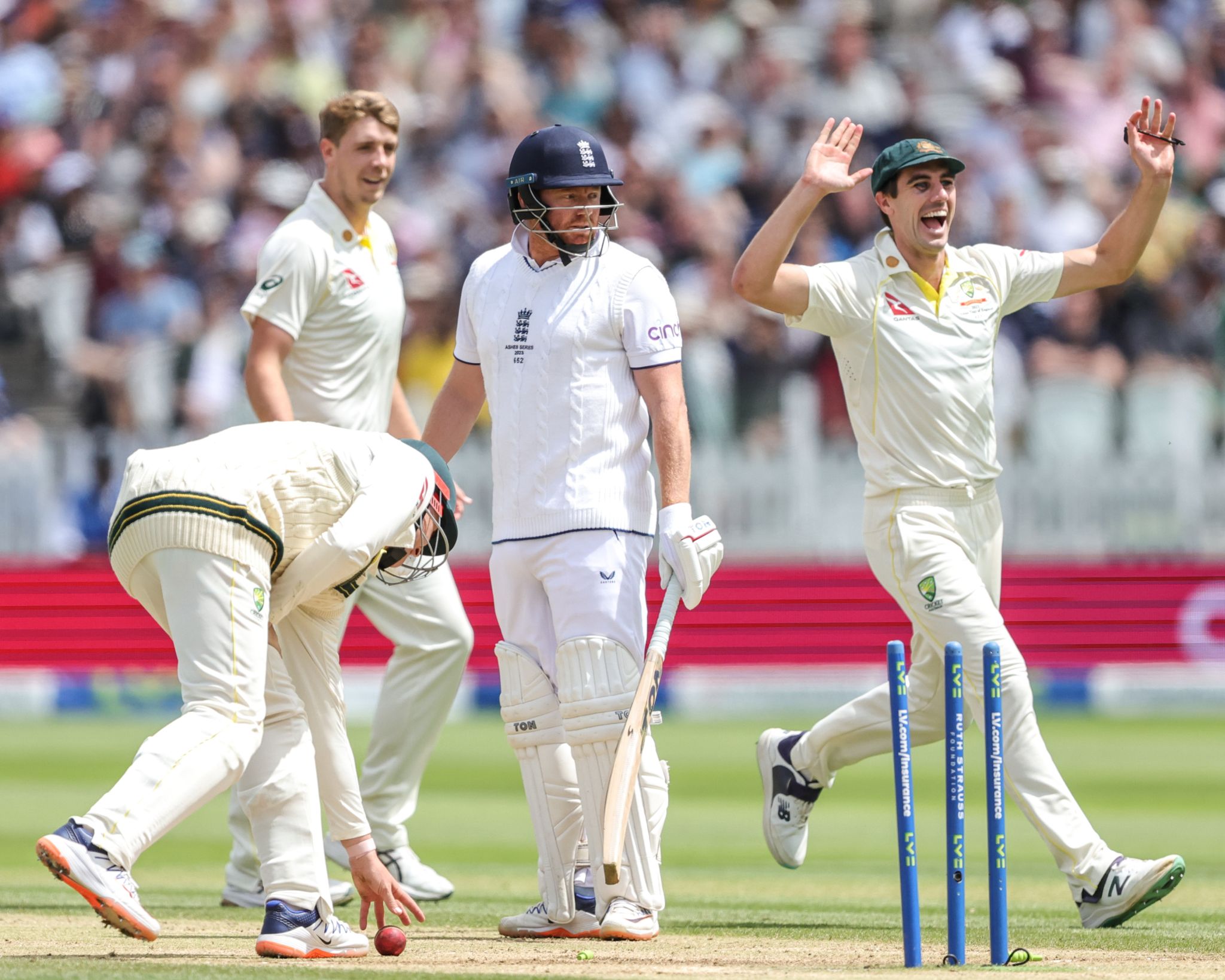 A dejected Jonny Bairstow of England looks back at his stumps as he is stumped out by Alex Carey of Australia during the LV= Insurance Ashes Test Series Second Test Day 5 England v Australia at Lords, London, United Kingdom, 2nd July 2023