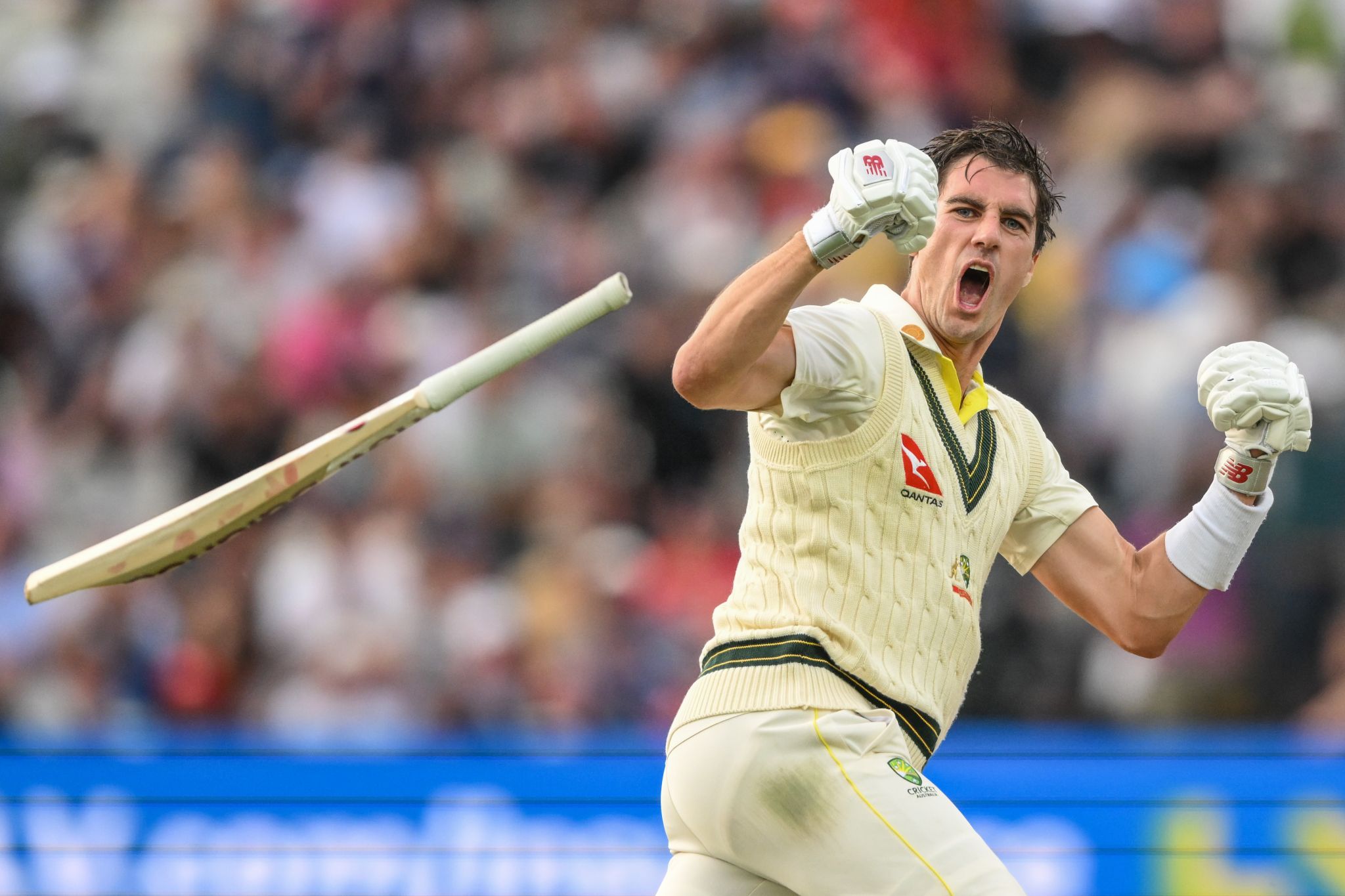 Pat Cummings of Australia celebrates winning the first test after the LV= Insurance Ashes First Test Series Day 5 England v Australia at Edgbaston, Birmingham, United Kingdom, 20th June 2023