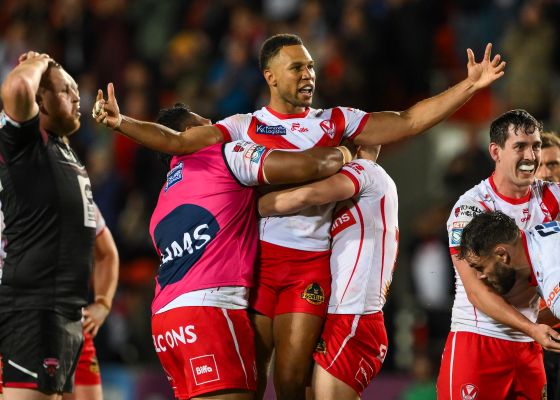 Moses Mbye of St. Helens celebrates his drop goal in extra time to win Betfred Super League Round 21 match St Helens vs Salford Red Devils at Totally Wicked Stadium, St Helens, United Kingdom, 8th August 2024 (Photo by Craig Thomas/News Images)