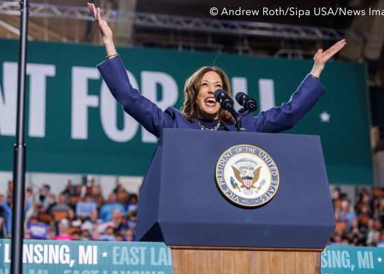 Vice President Kamala Harris speaks at a rally in East Lansing, Mich., on Nov. 3, 2024. (Photo by Andrew Roth/Sipa USA/News Images)